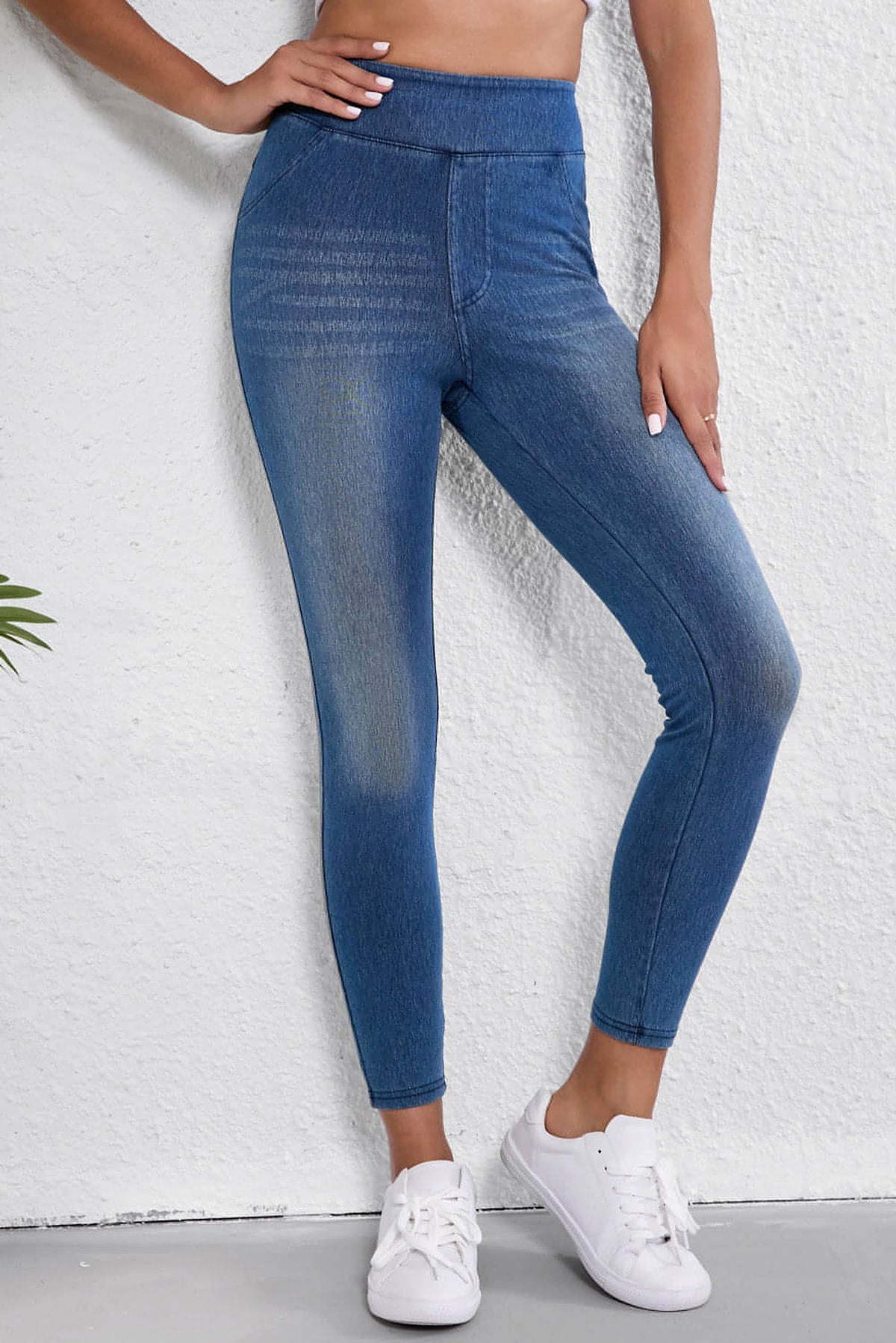 Navy Blue Skinny Elastic Waist Ankle Length Mid Waist Jeggings with Pockets - enhanced image 5