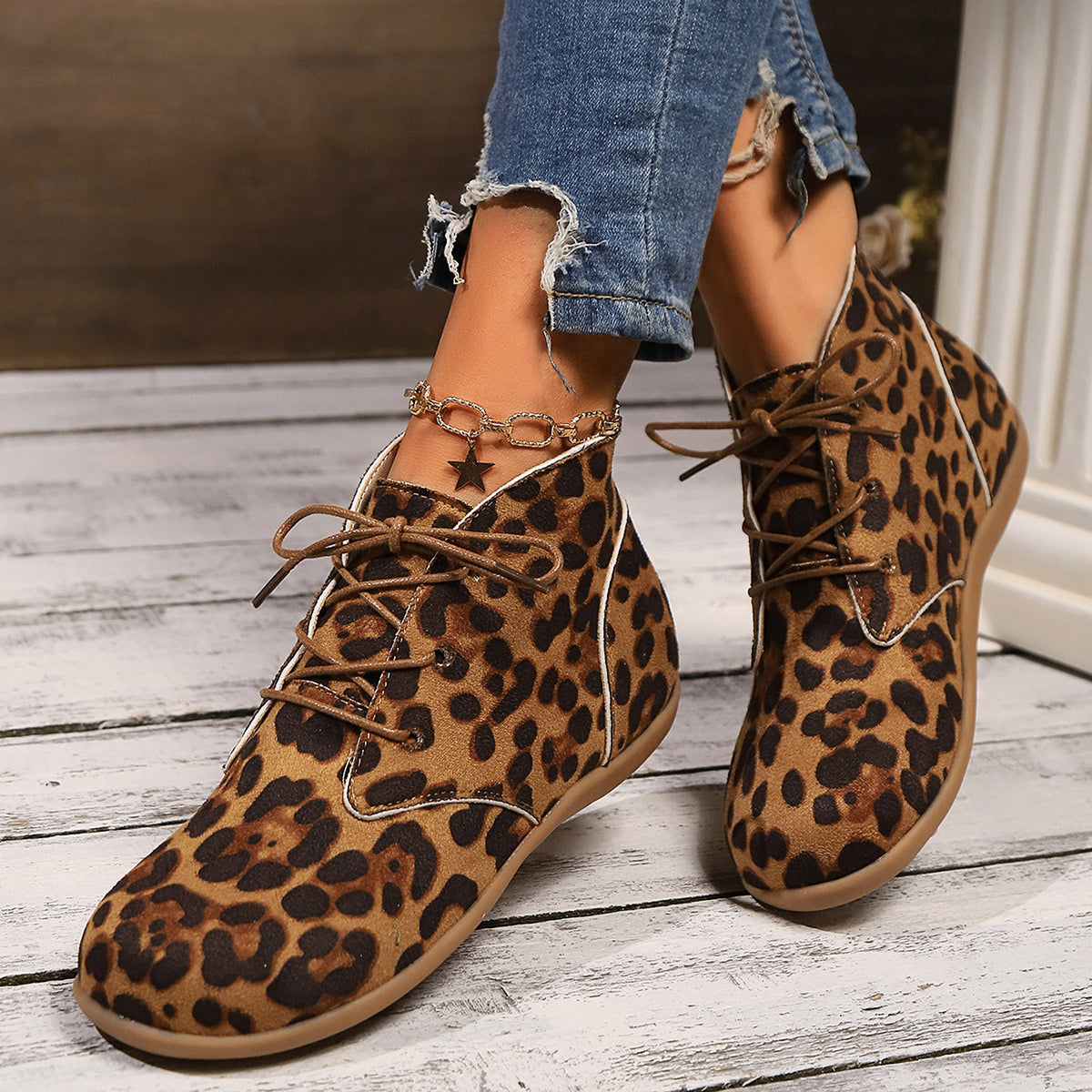 New Lace-up Flat Leopard Print Casual Boots Women - enhanced image 5