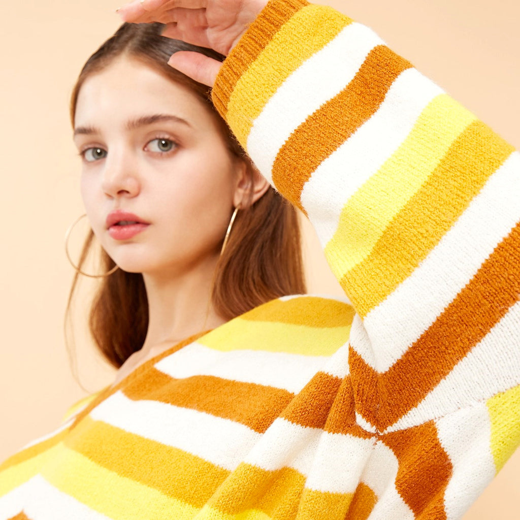 New striped stitching loose V-neck sweater women - enhanced image 5