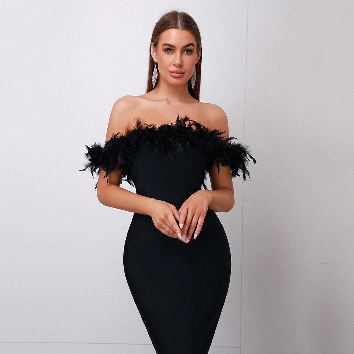 Off-neck Feather Women's Dress - enhanced image 5