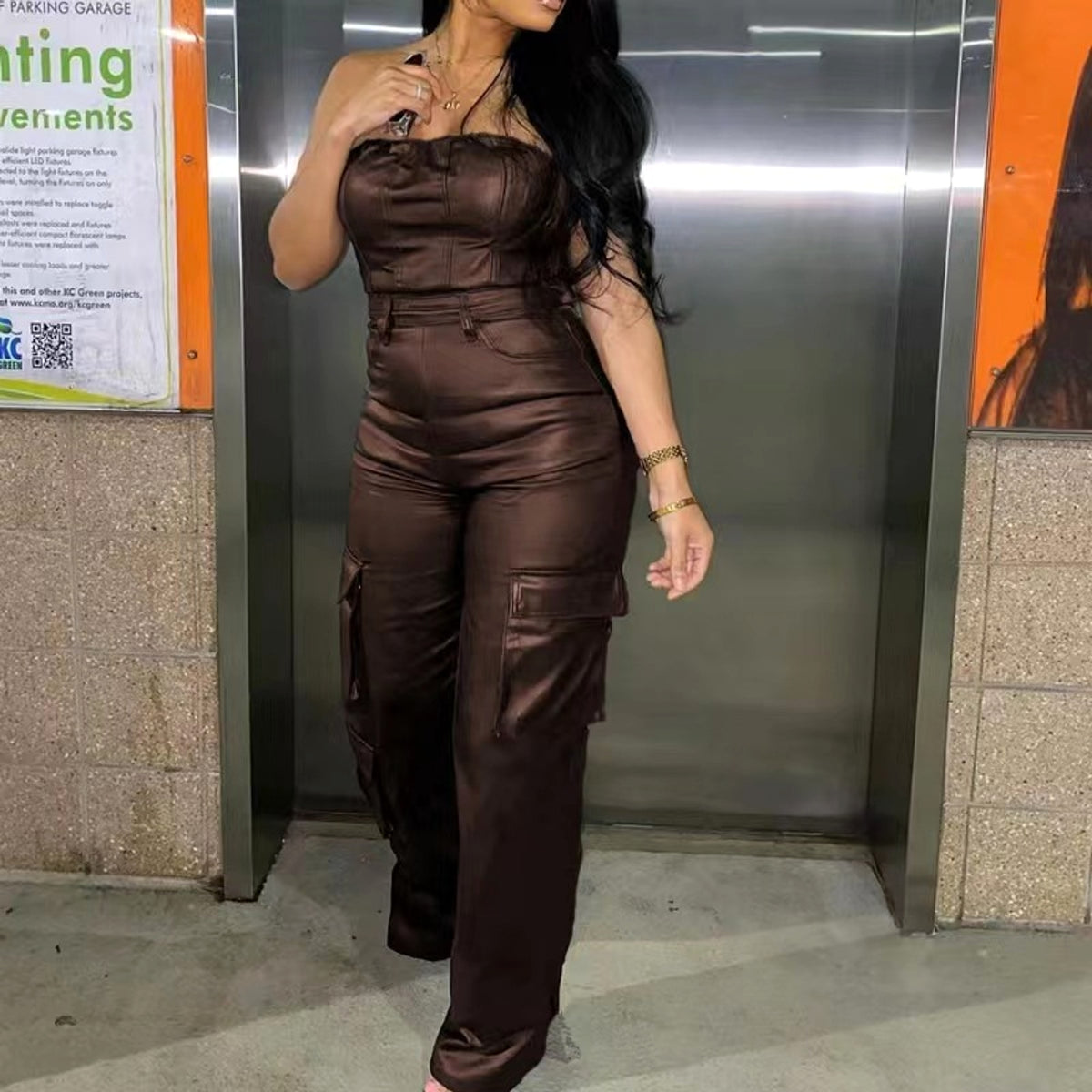 A1. Off-the-shoulder Tube Top Tight-fitting Cinched PU Leather Jumpsuit - enhanced image 5
