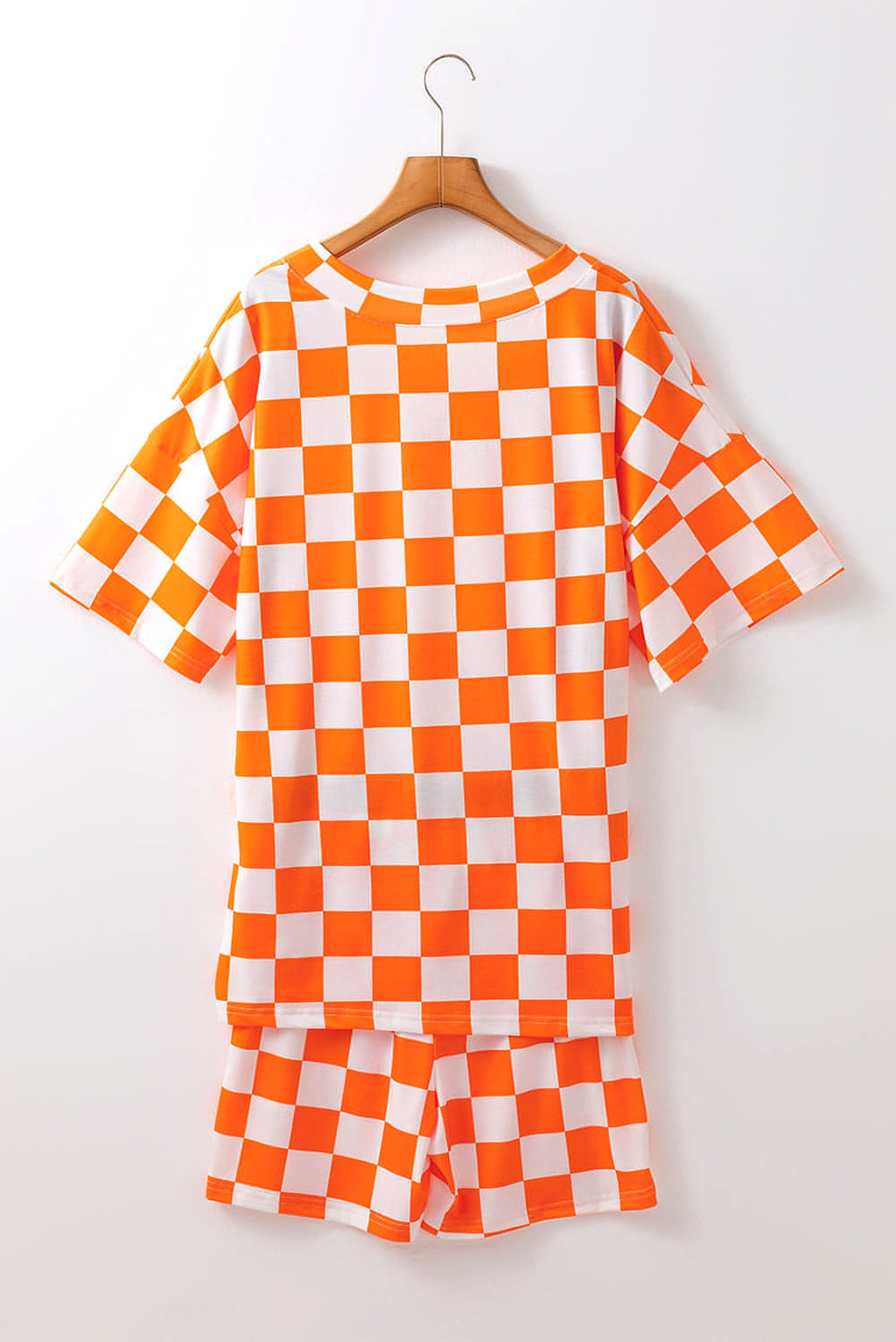 Orange Checkerboard Print V Neck Loose Tee and Shorts Lounge Set - enhanced image 5