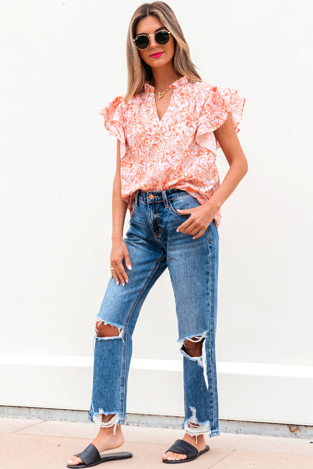 Orange Floral Ruffle Sleeve Split Neck Blouse - enhanced image 5