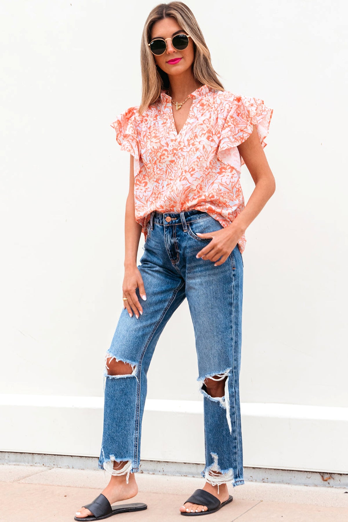 Orange Floral Ruffle Sleeve Split Neck Blouse - enhanced image 5