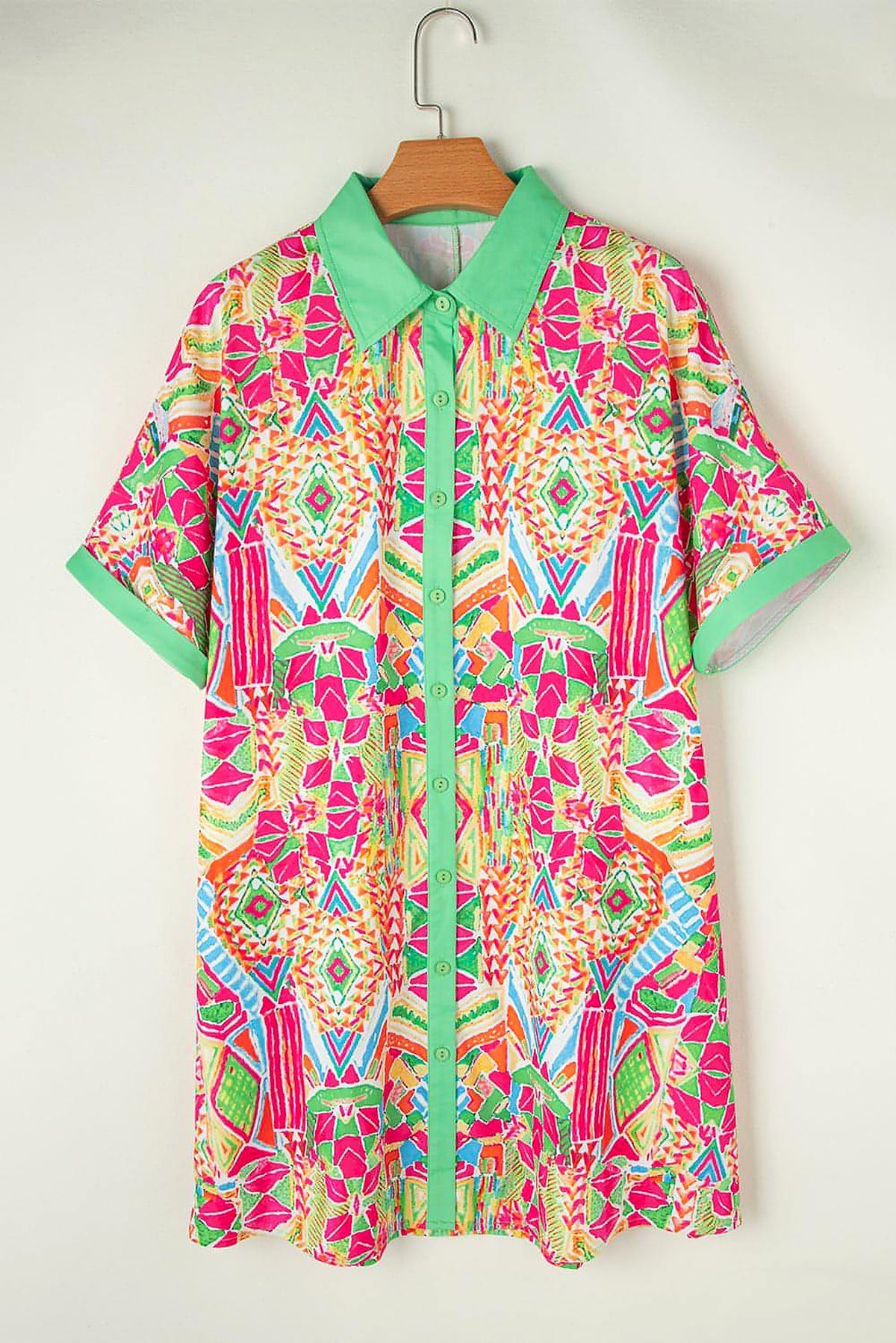 Orange Geometric Print Contrast Short Sleeve Shirt Dress - enhanced image 5