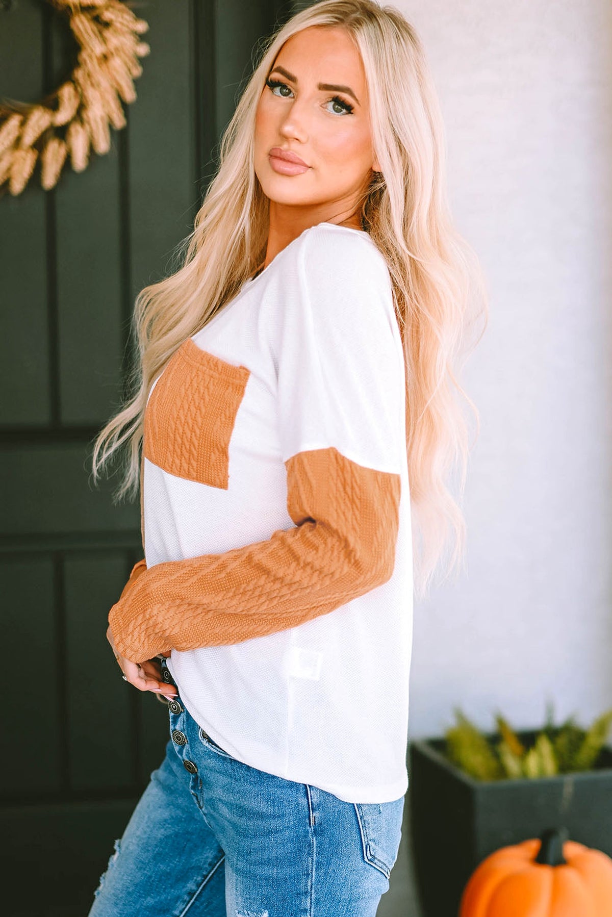Orange Long Sleeve Colorblock Chest Pocket Textured Knit Top - enhanced image 5