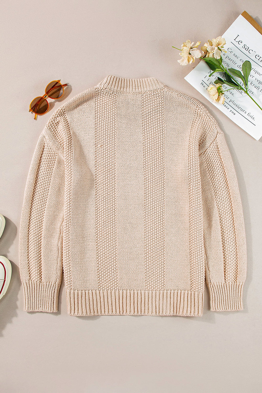 Pale Khaki Solid Color Cable Knit Ribbed Loose Sweater - enhanced image 5