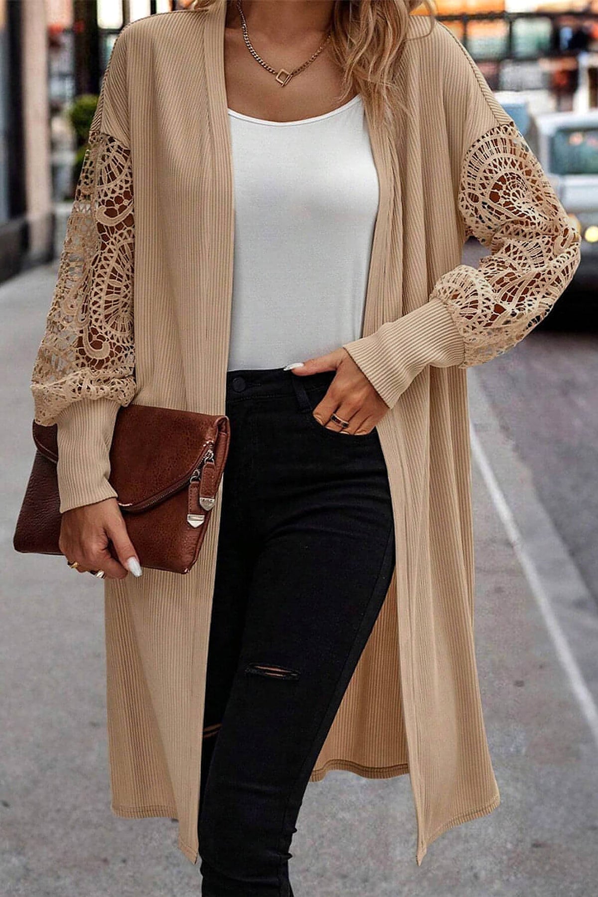 Parchment Lace Patchwork Ribbed Knit Open Front Duster Cardigan - enhanced image 5
