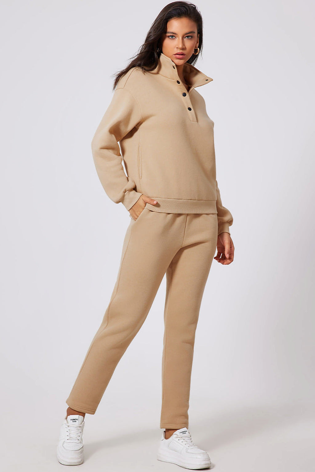 Parchment Solid Half Button Sweatshirt and High Waist Sweatpants Set - enhanced image 5
