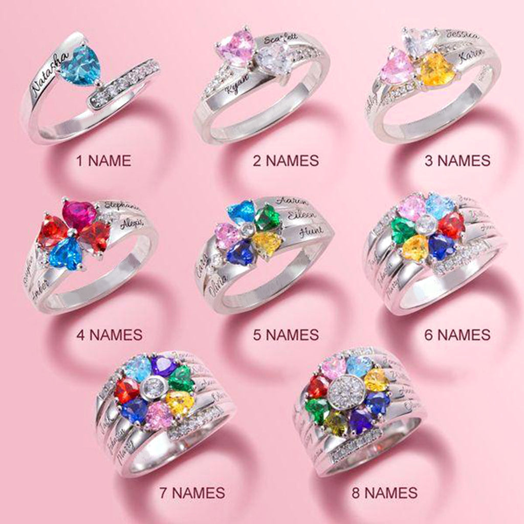Personalized And Engraved Heart Assortment Birthstones Silver Ring - enhanced image 5