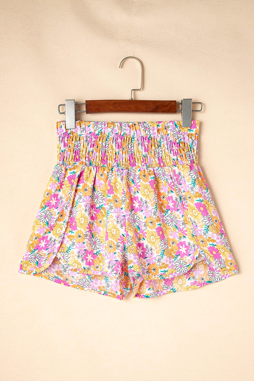 Pink Boho Floral Shirred High Waist Casual Shorts - enhanced image 5