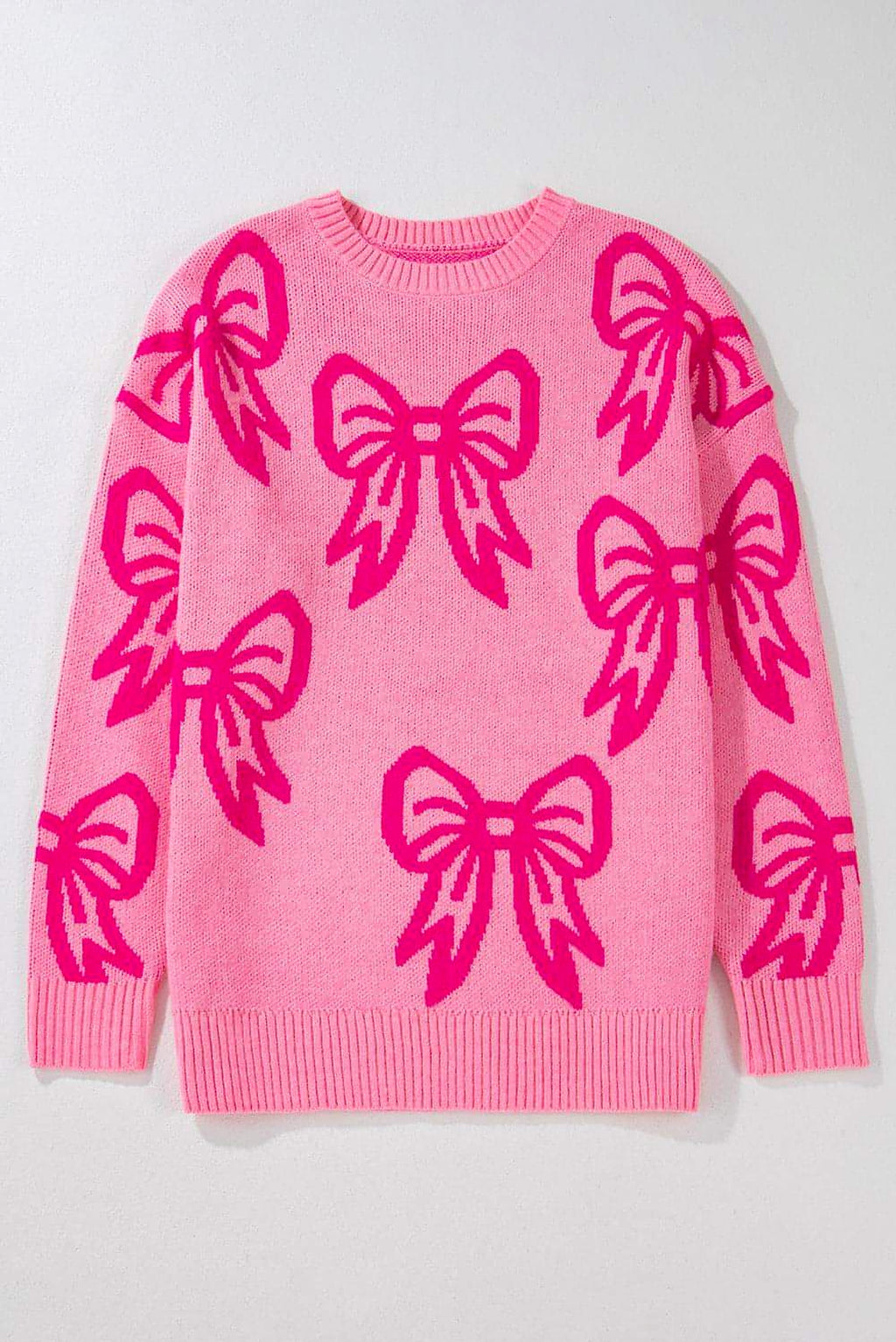 Pink Bow Pattern Drop Shoulder Loose Sweater - enhanced image 5