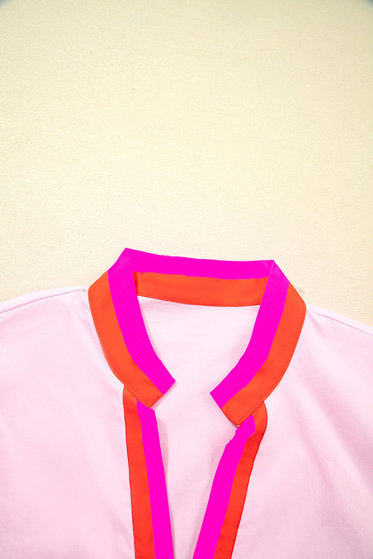 Pink Contrast Striped V Neck Collision Short Puff Sleeve Blouse - enhanced image 5