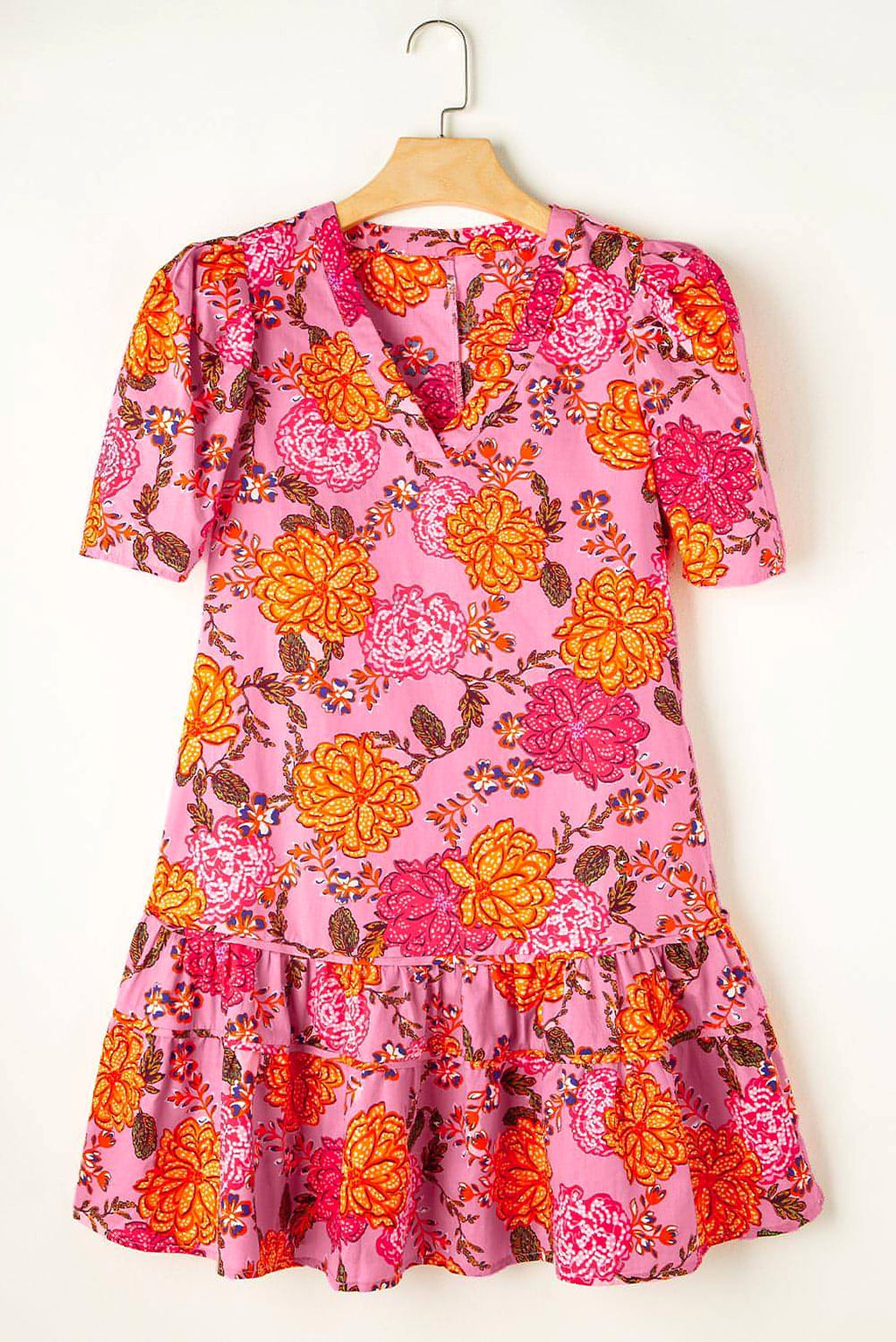 Pink Floral Bubble Sleeve V Neck Ruffled Mini Dress - enhanced image 5