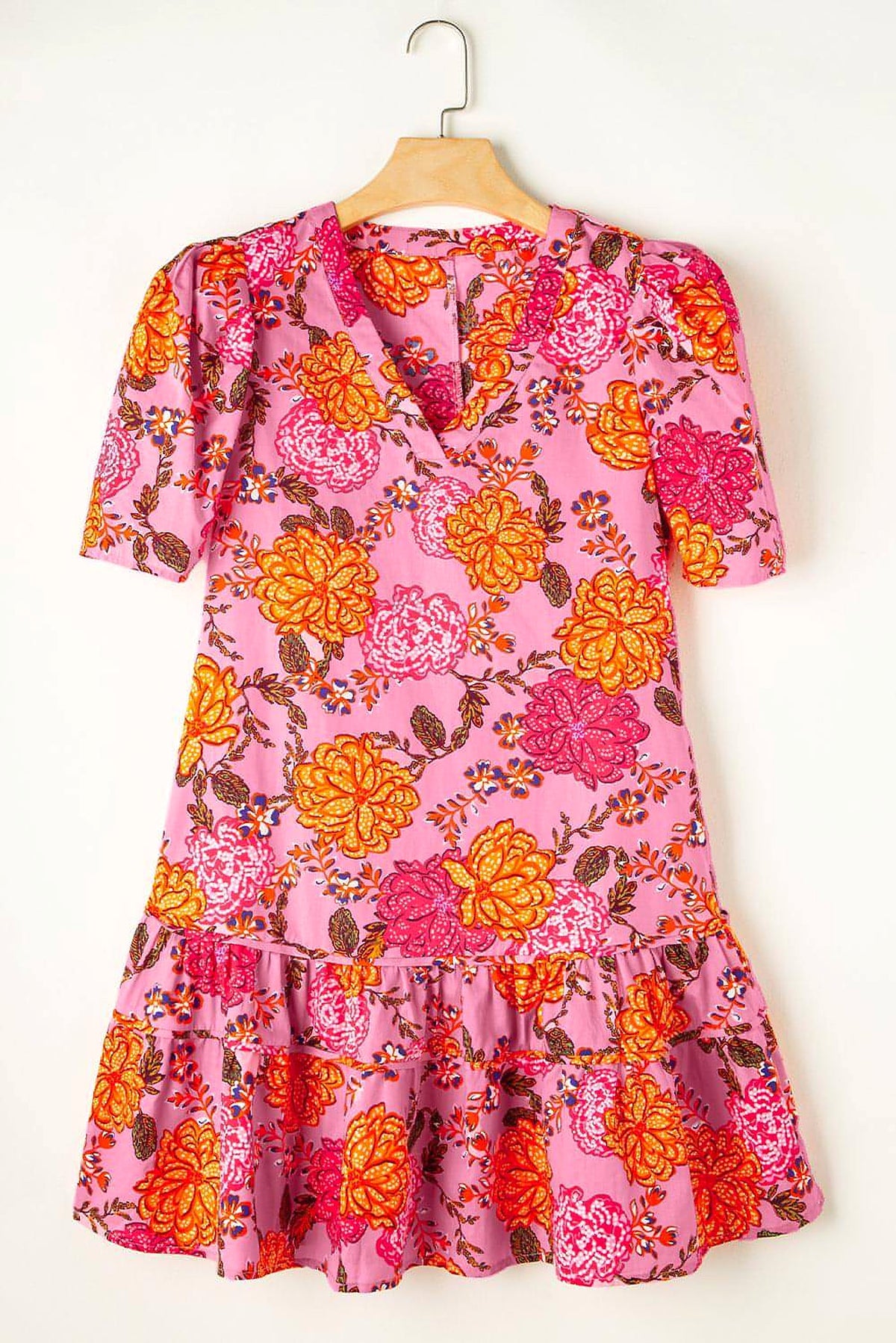 Pink Floral Bubble Sleeve V Neck Ruffled Mini Dress - enhanced image 5