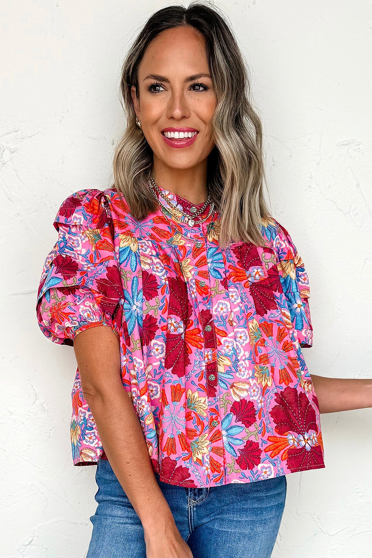 Pink Floral Print Bubble Sleeve Button Up Pleated Shirt - enhanced image 5