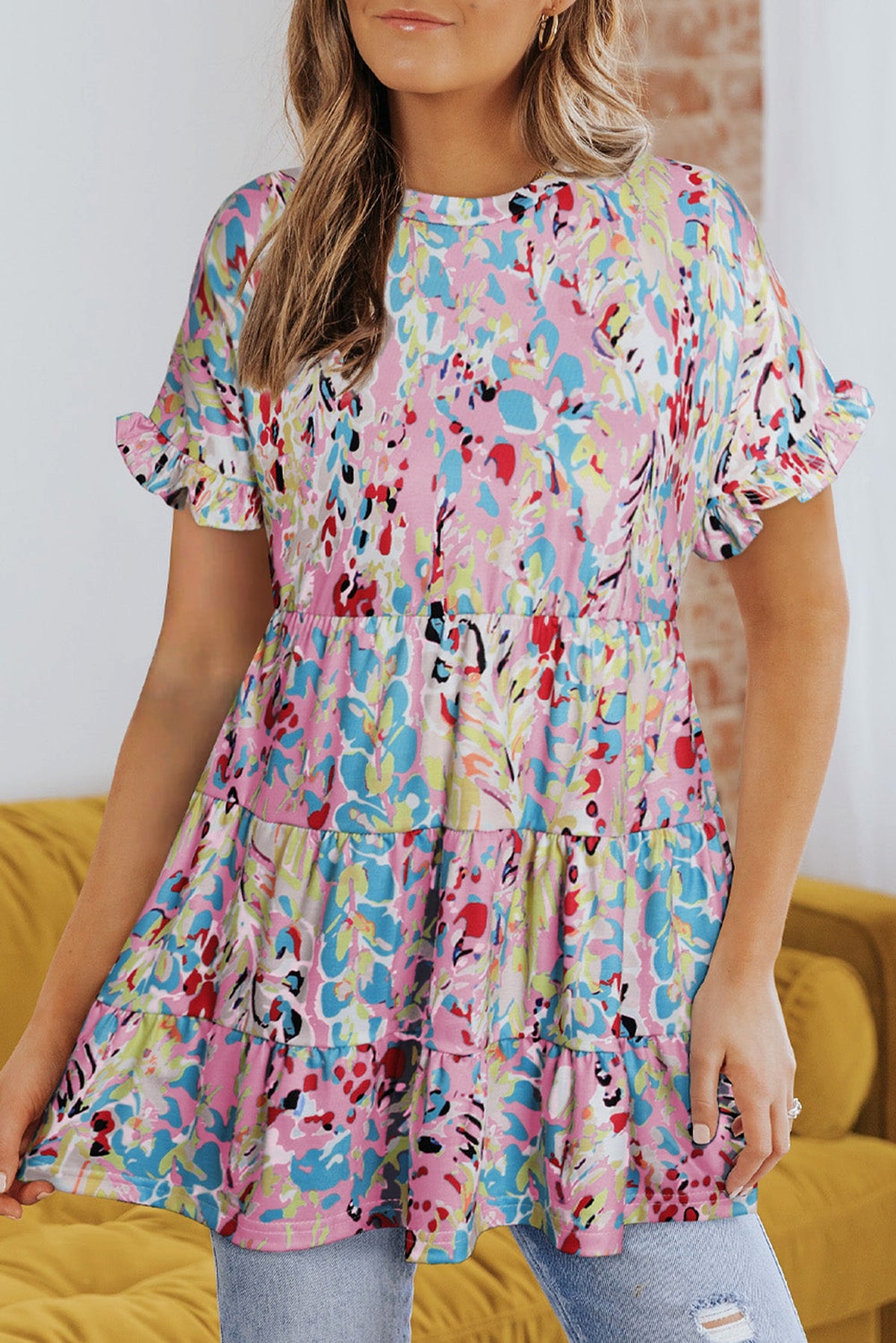 Pink Floral Print Ruffle Sleeve Babydoll Top - enhanced image 5