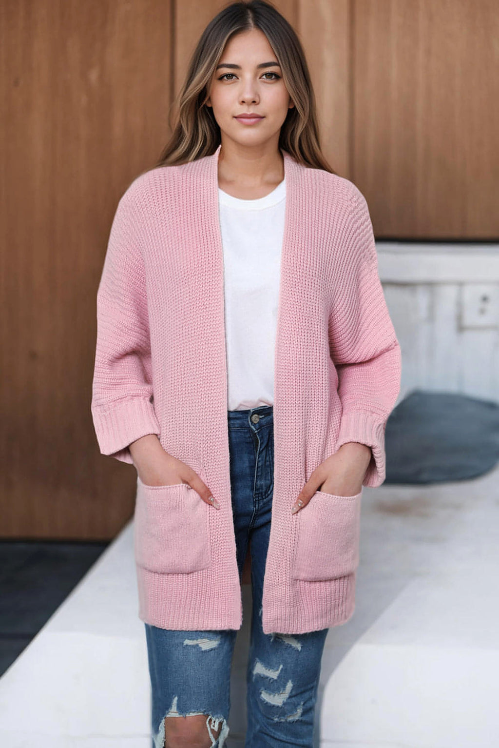 Pink Oversized Fold Over Sleeve Open Front Cardigan - enhanced image 5
