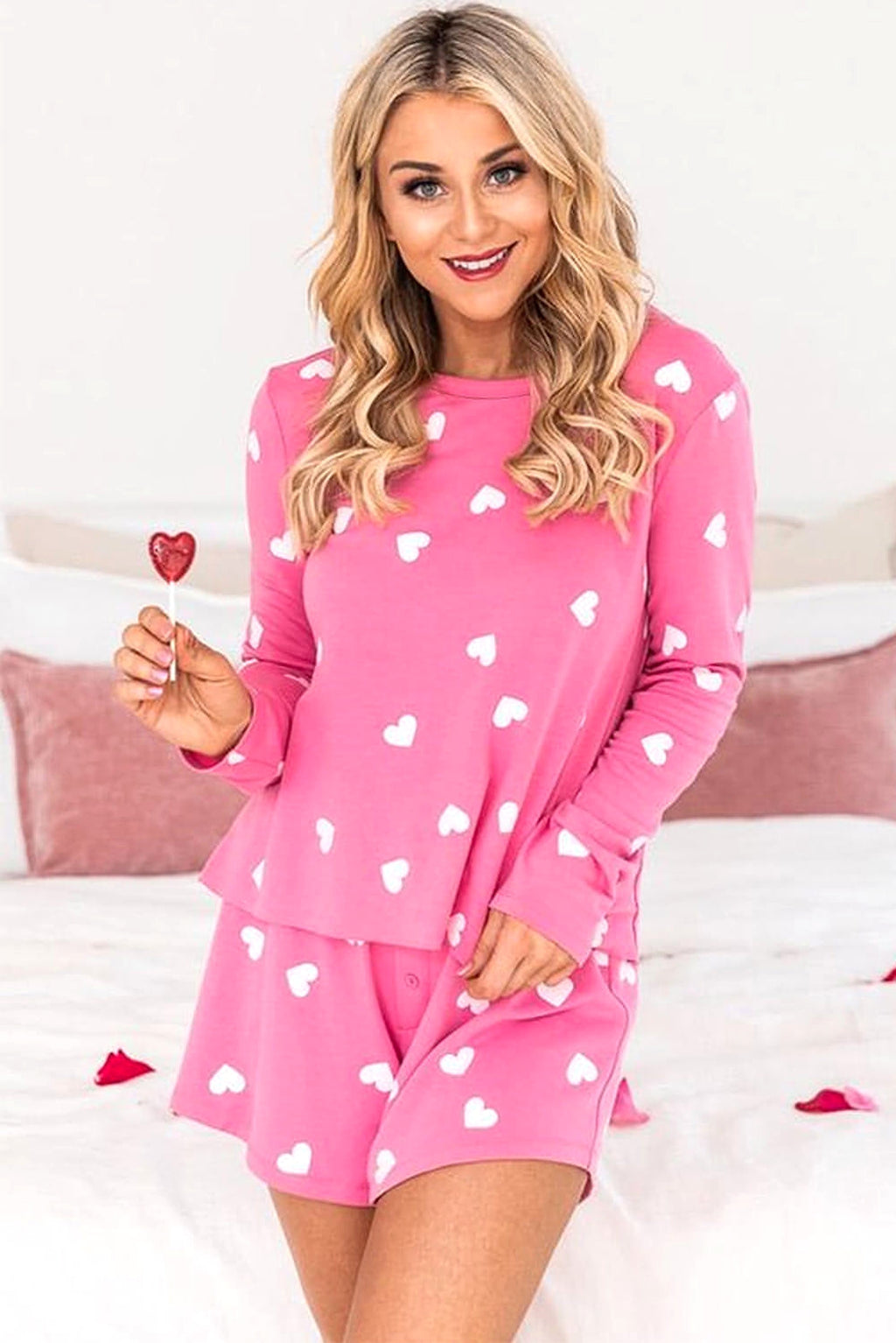 Pink Valentine Heart Print Long Sleeve Tee and Shorts Lounge Set - enhanced image 5