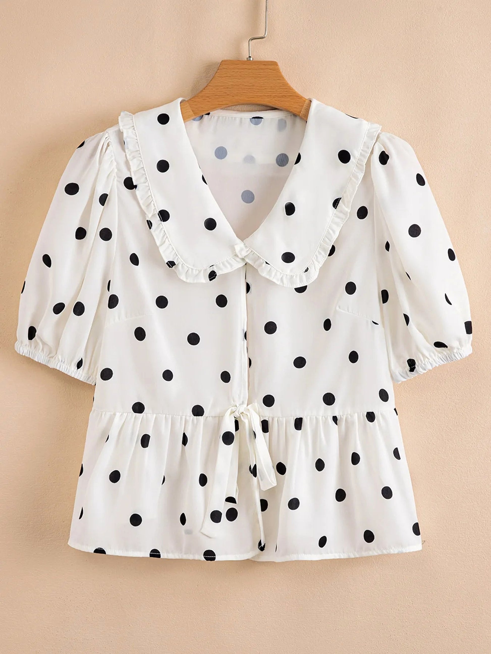 Polka Dot Collared Puff Sleeve Peplum Top - enhanced image 5