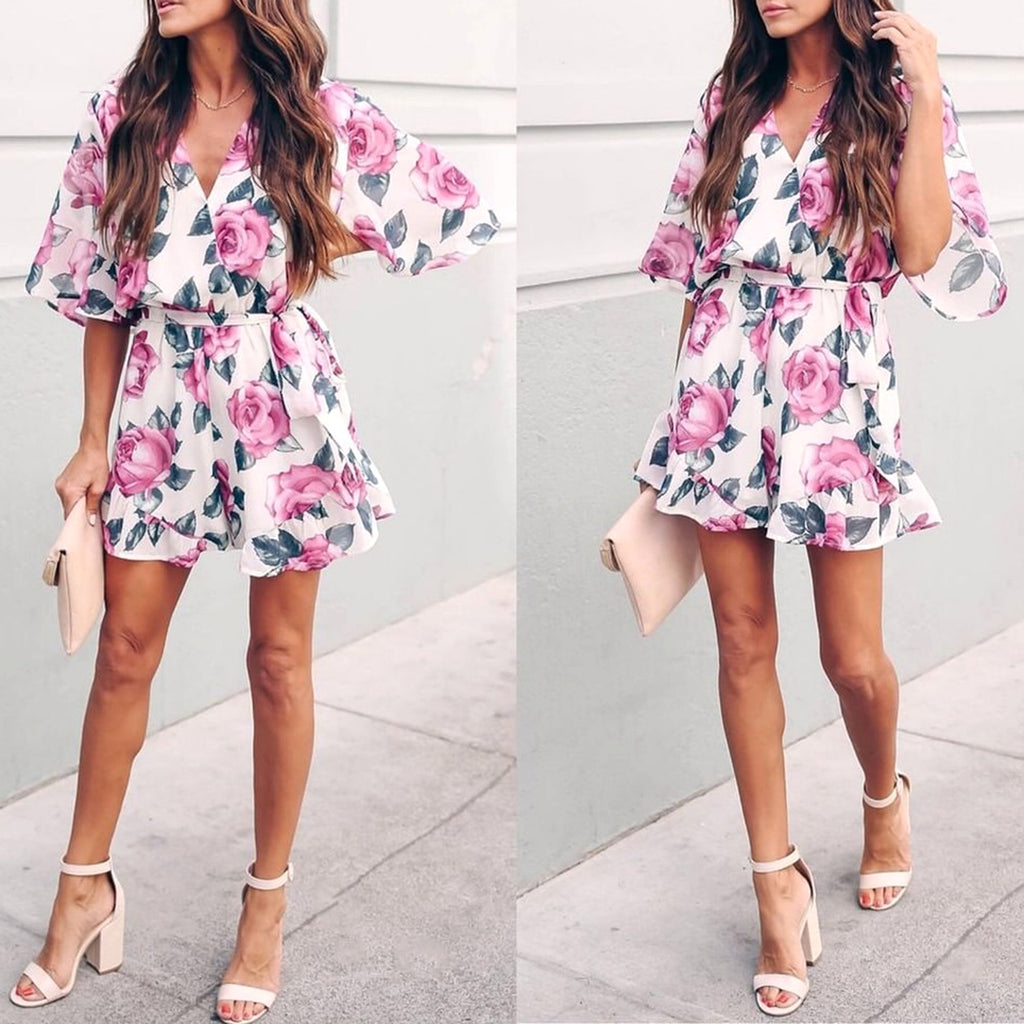 Printed Flared Short-Sleeved Lace-Up Jumpsuit Skirt - enhanced image 5