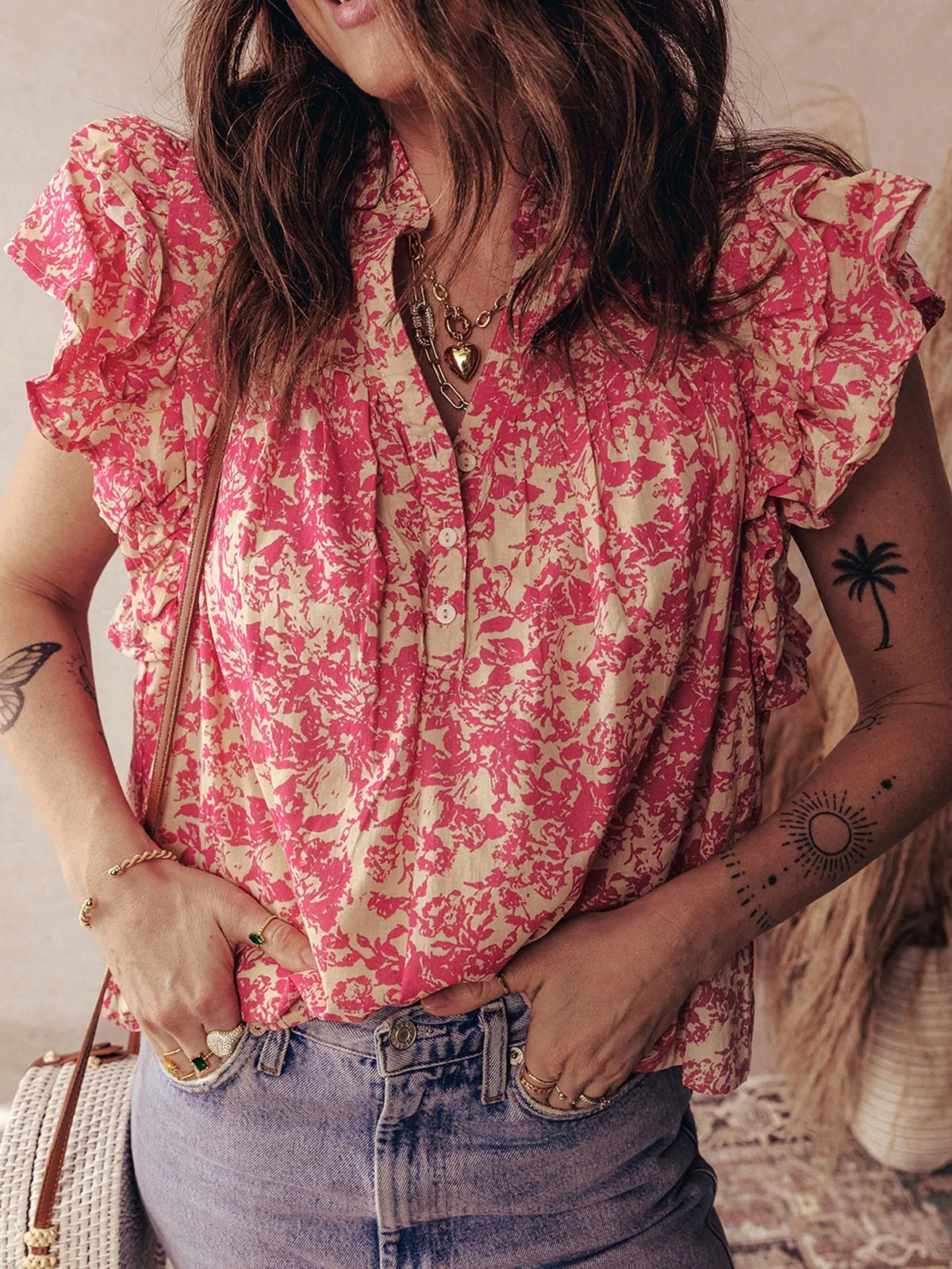 Printed Half Button Neck Ruffle Sleeve Blouse - enhanced image 5
