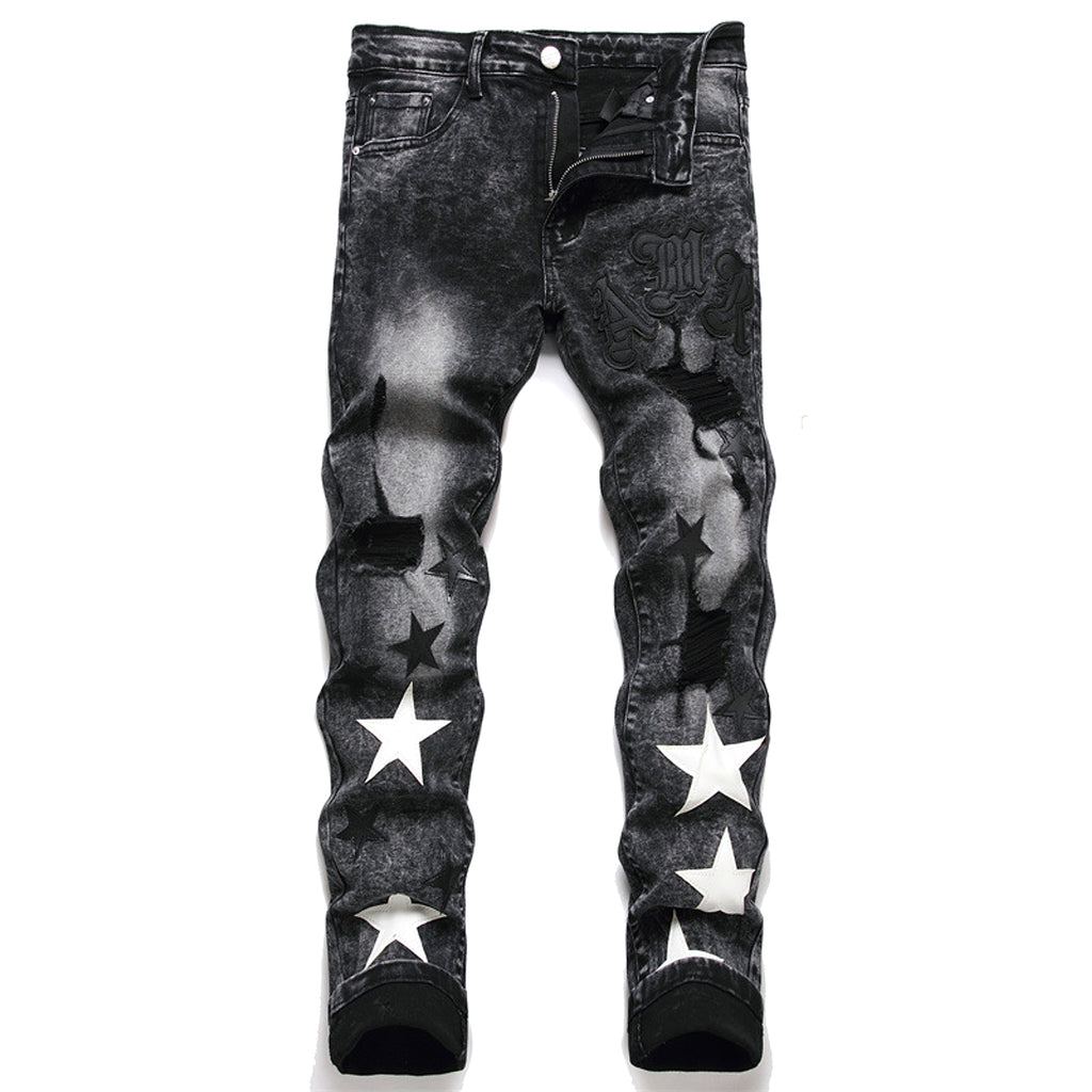 Punk Men's Jeans Hole Embroidery Five-pointed Star - enhanced image 5