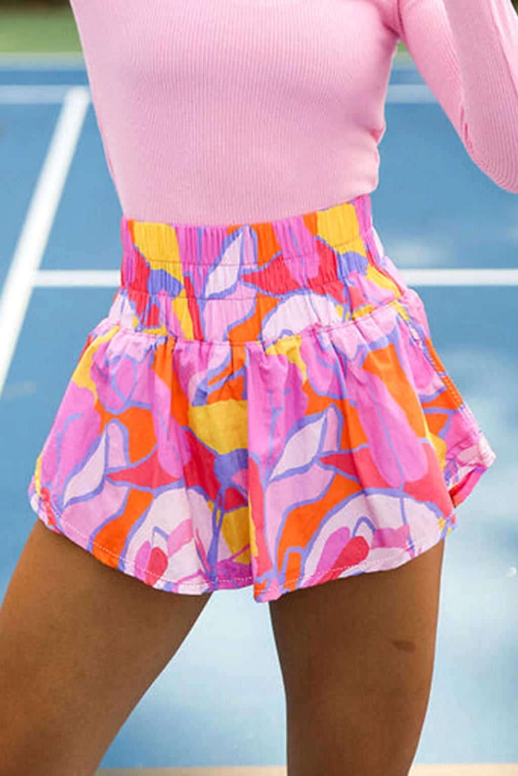 Purple Abstract Print Smock Waist Casual Shorts - enhanced image 5