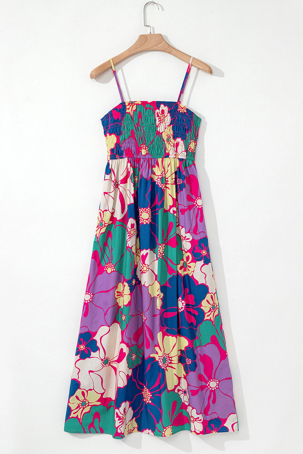 Purple Floral Print Shirred Spaghetti Strap Loose Maxi Dress - enhanced image 5