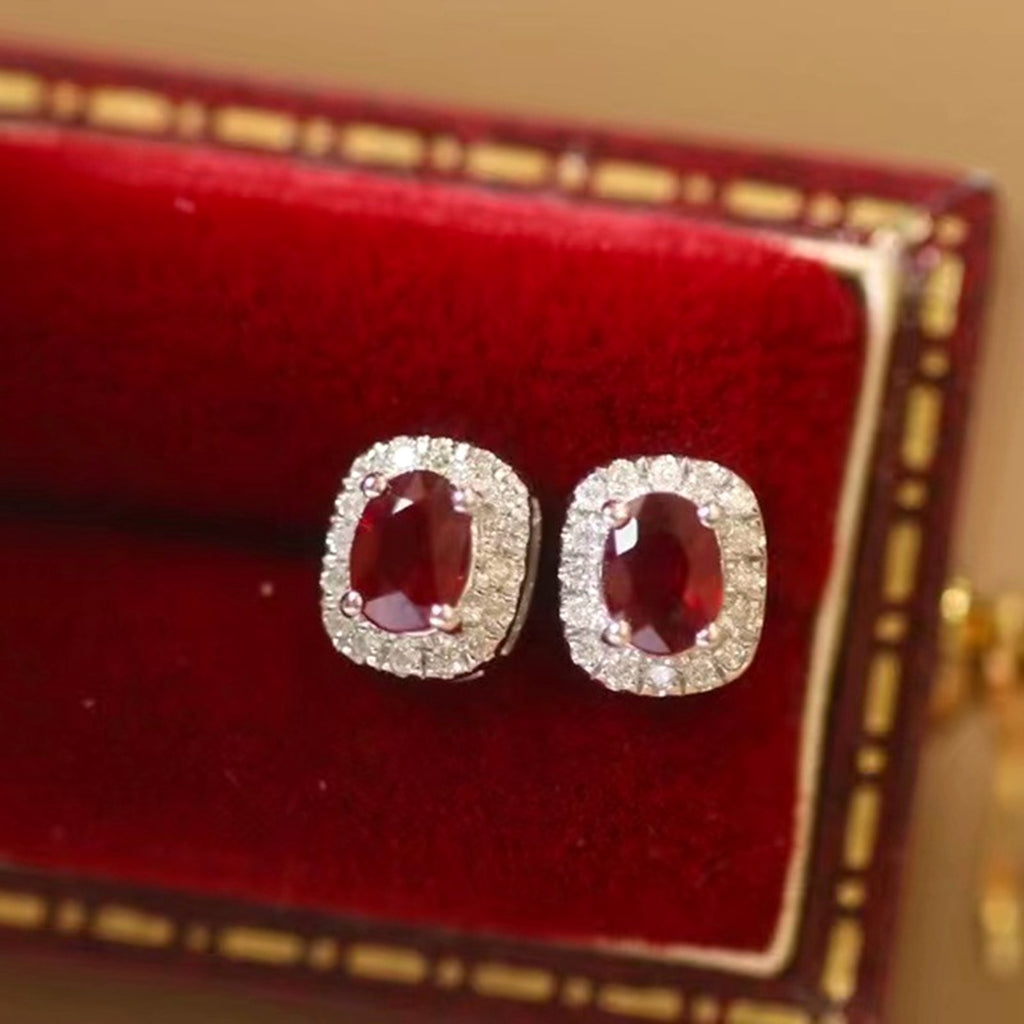 Real Gold Natural Ruby Diamond Stud Earrings Pigeon Blood Red Color - enhanced image 5