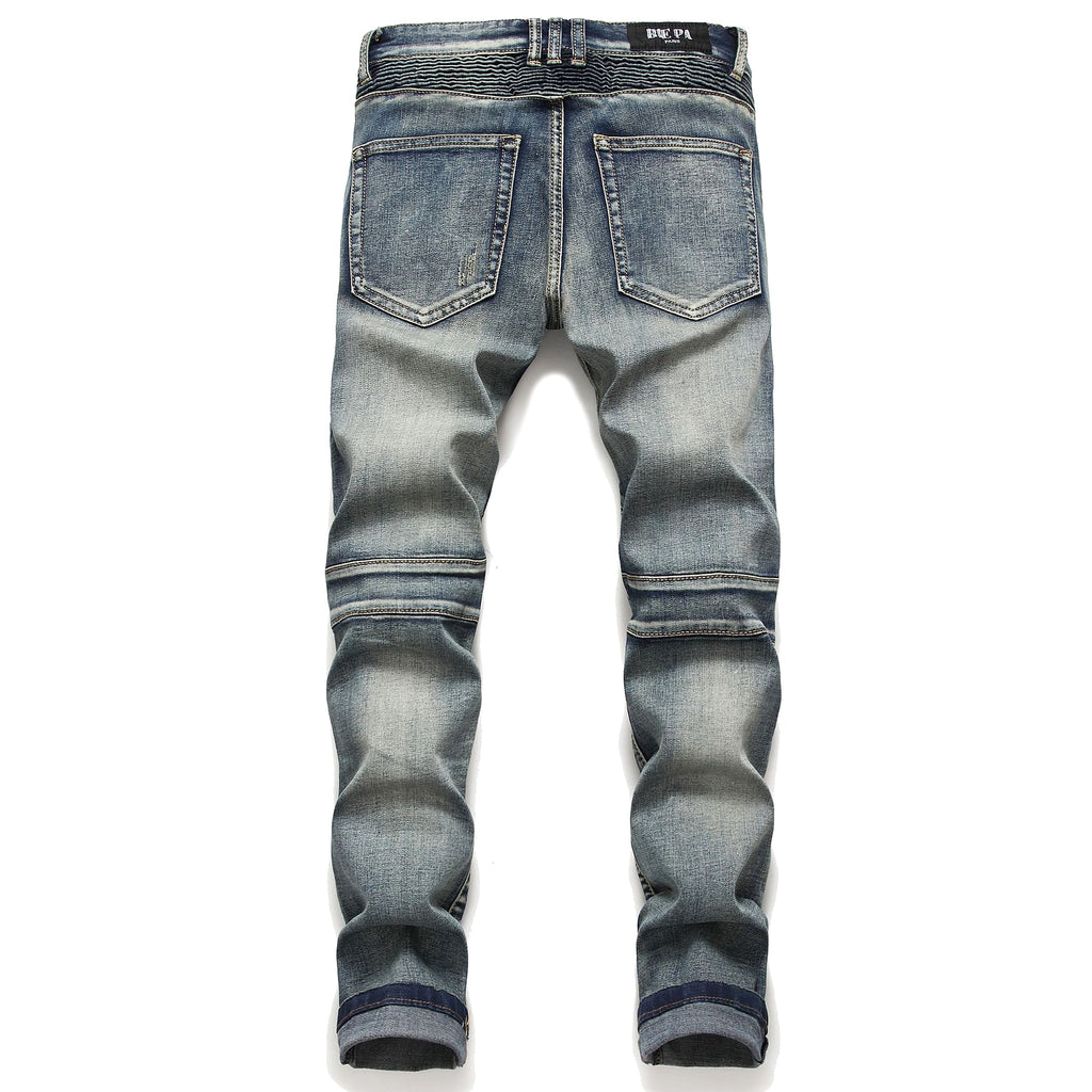 Retro Crumpled Hole Patch Elastic Straight Skinny Jeans - enhanced image 5