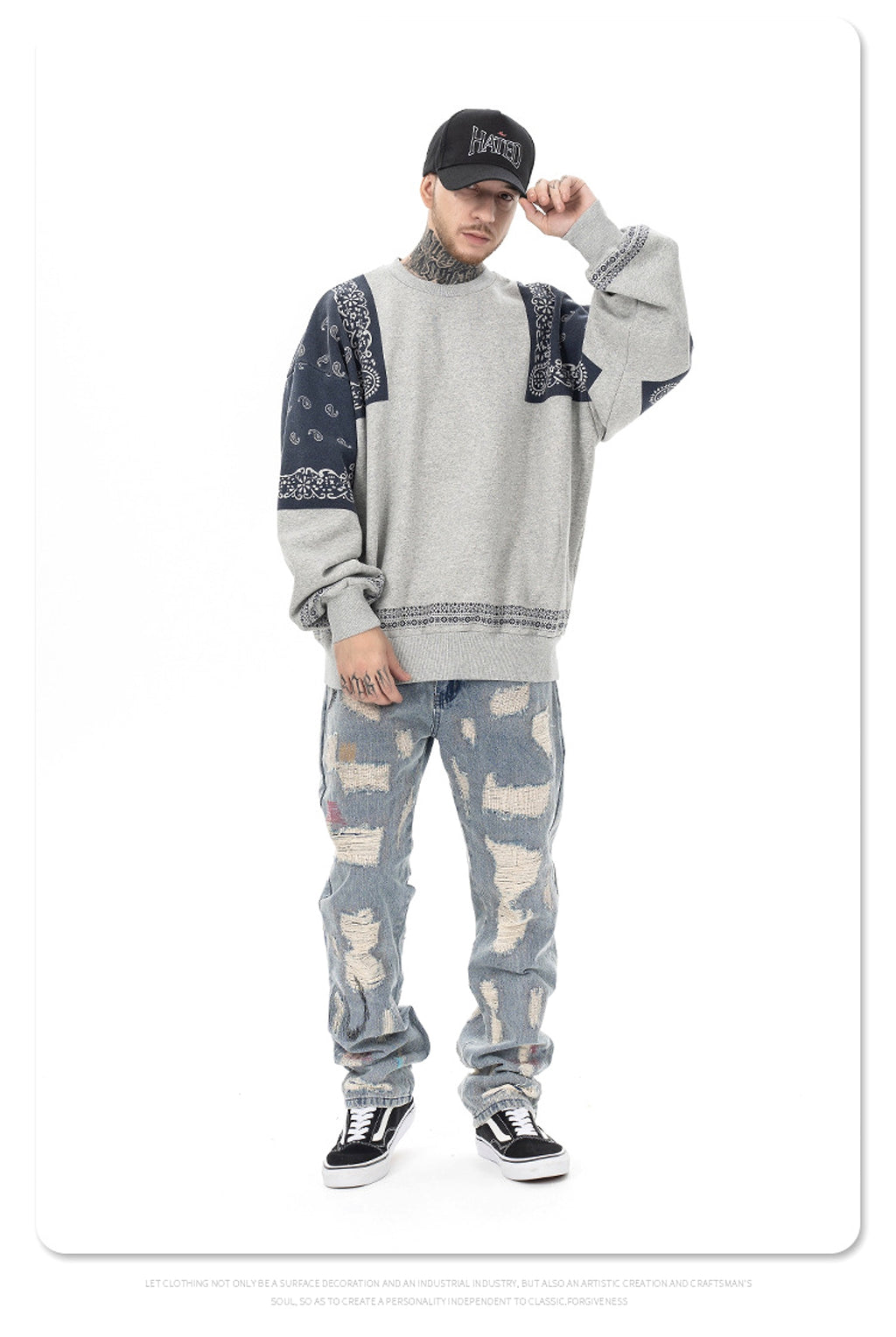 Retro Paisley Stitching Fleece-lined Crew Neck Sweater - enhanced image 5