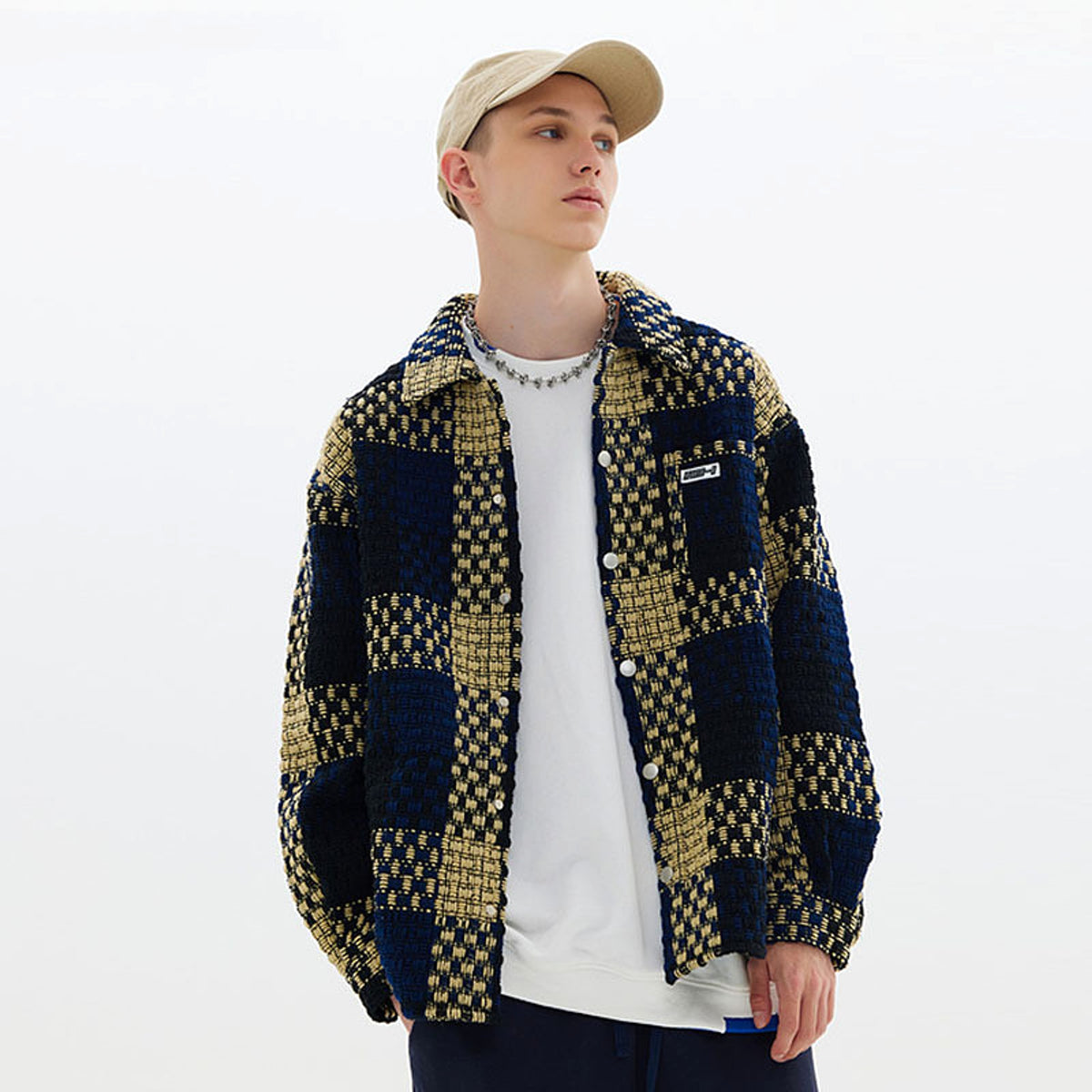 Retro Plaid Stitching Lapel Jacket For Men - enhanced image 5