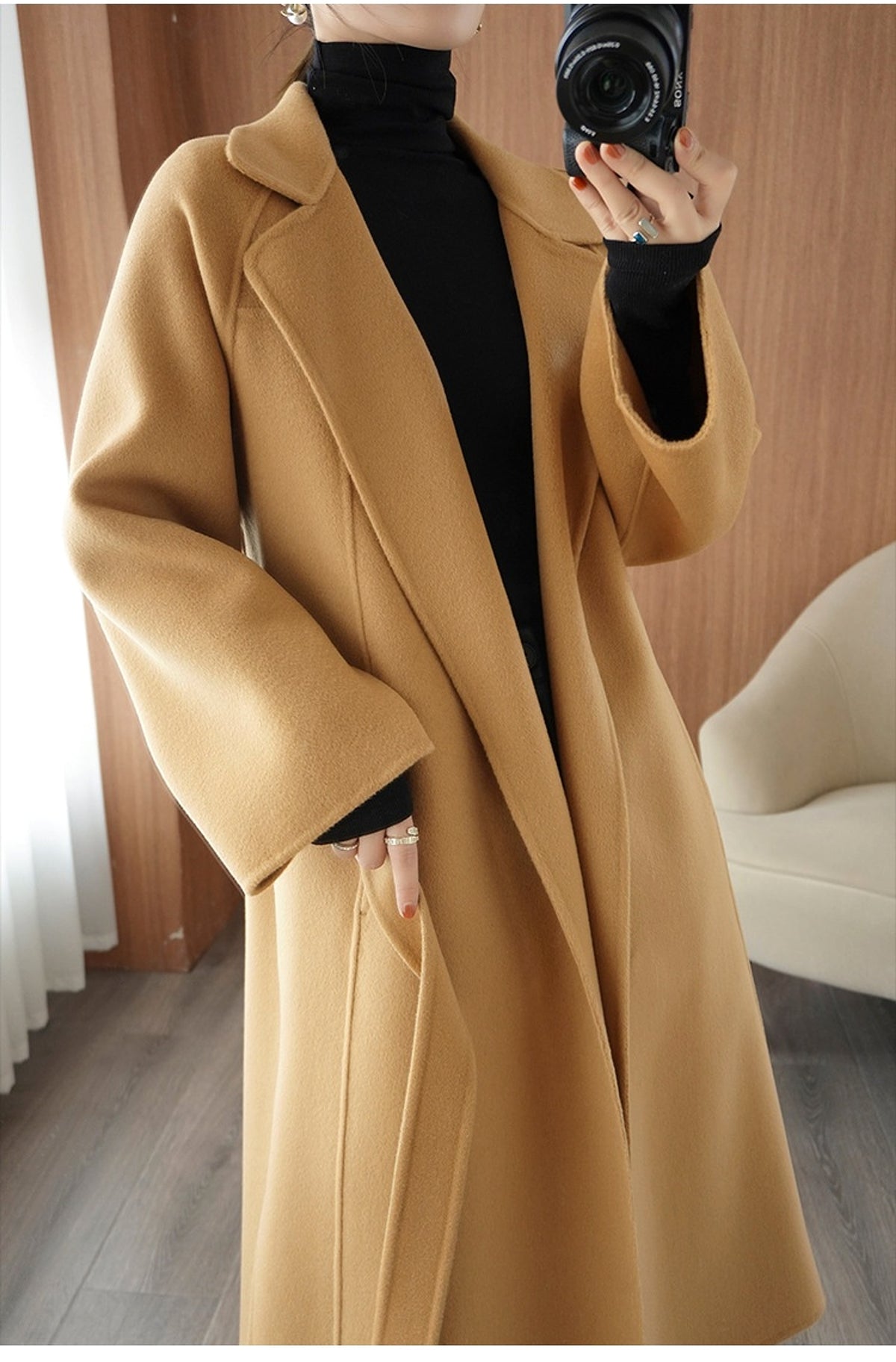 Reversible Cashmere Coat Women's Mid-length Loose Over Knee Coat - enhanced image 5