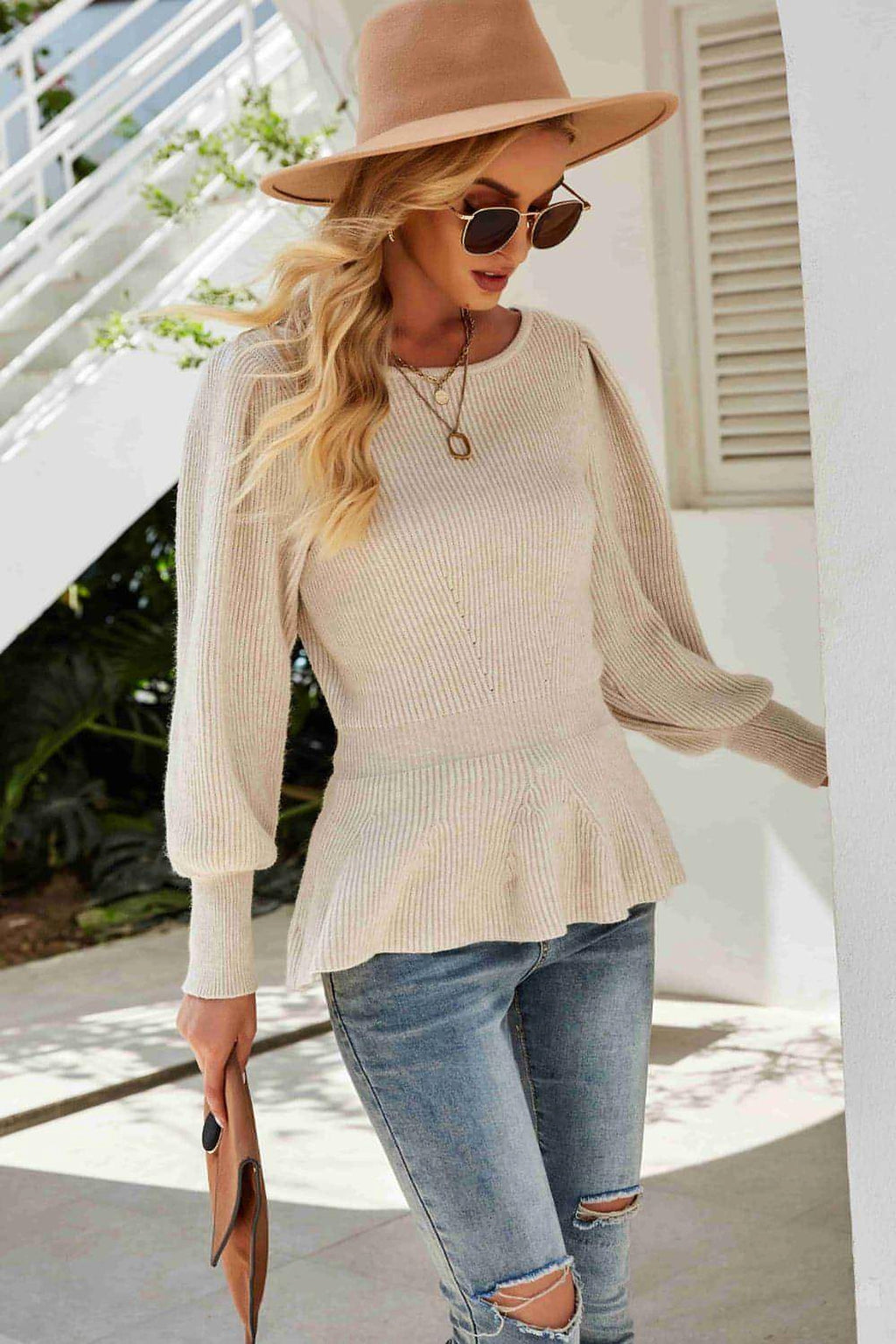 Ribbed Round Neck Lantern Sleeve Sweater - enhanced image 5