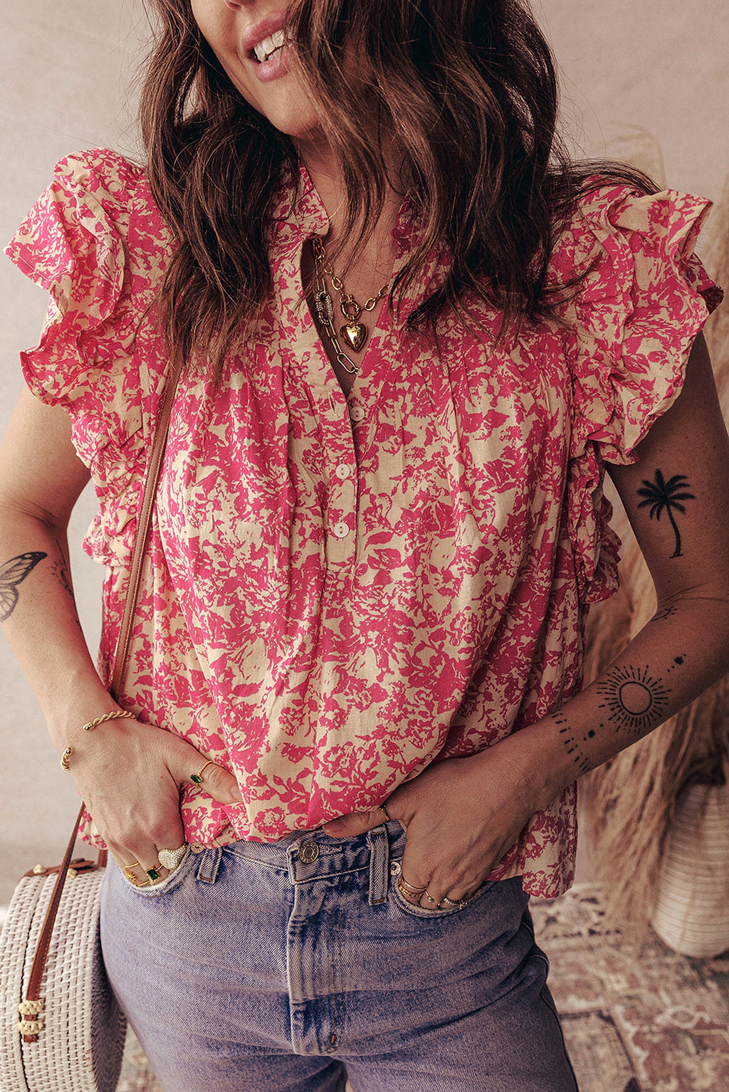 Rose Allover Printed Half Button Neck Ruffle Sleeve Blouse - enhanced image 5