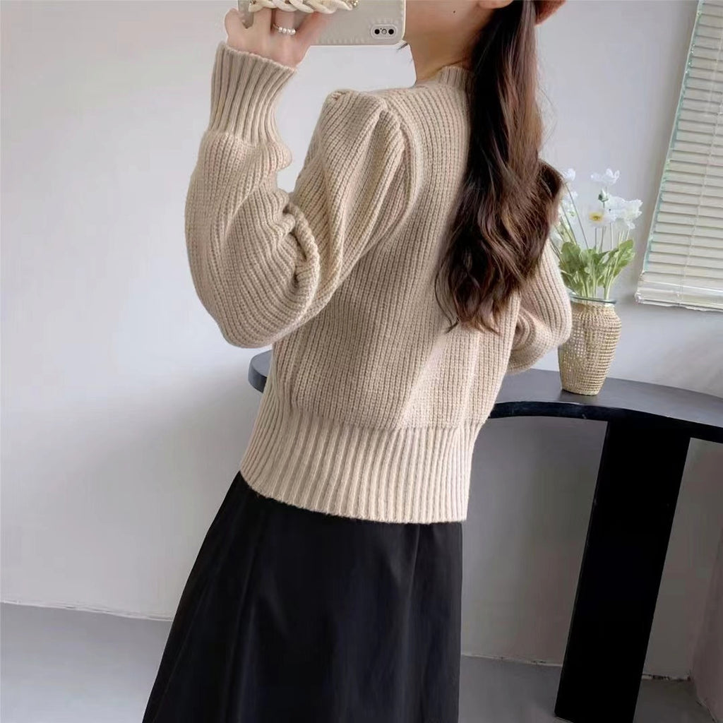 Round Neck Lantern Sleeve Cable-knit Sweater - enhanced image 5