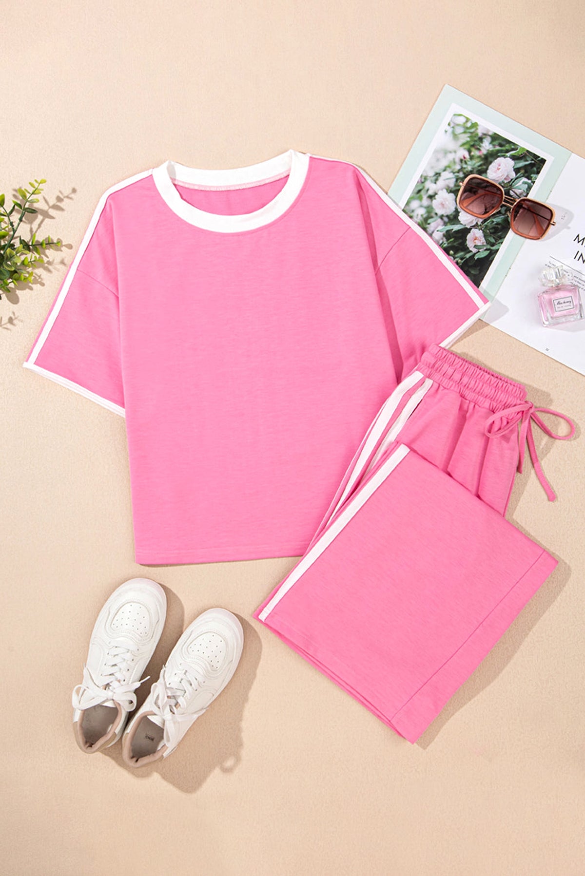 Sachet Pink Varsity Stripe Detail Casual Tee and Pants Leisure 2pcs Set - enhanced image 5
