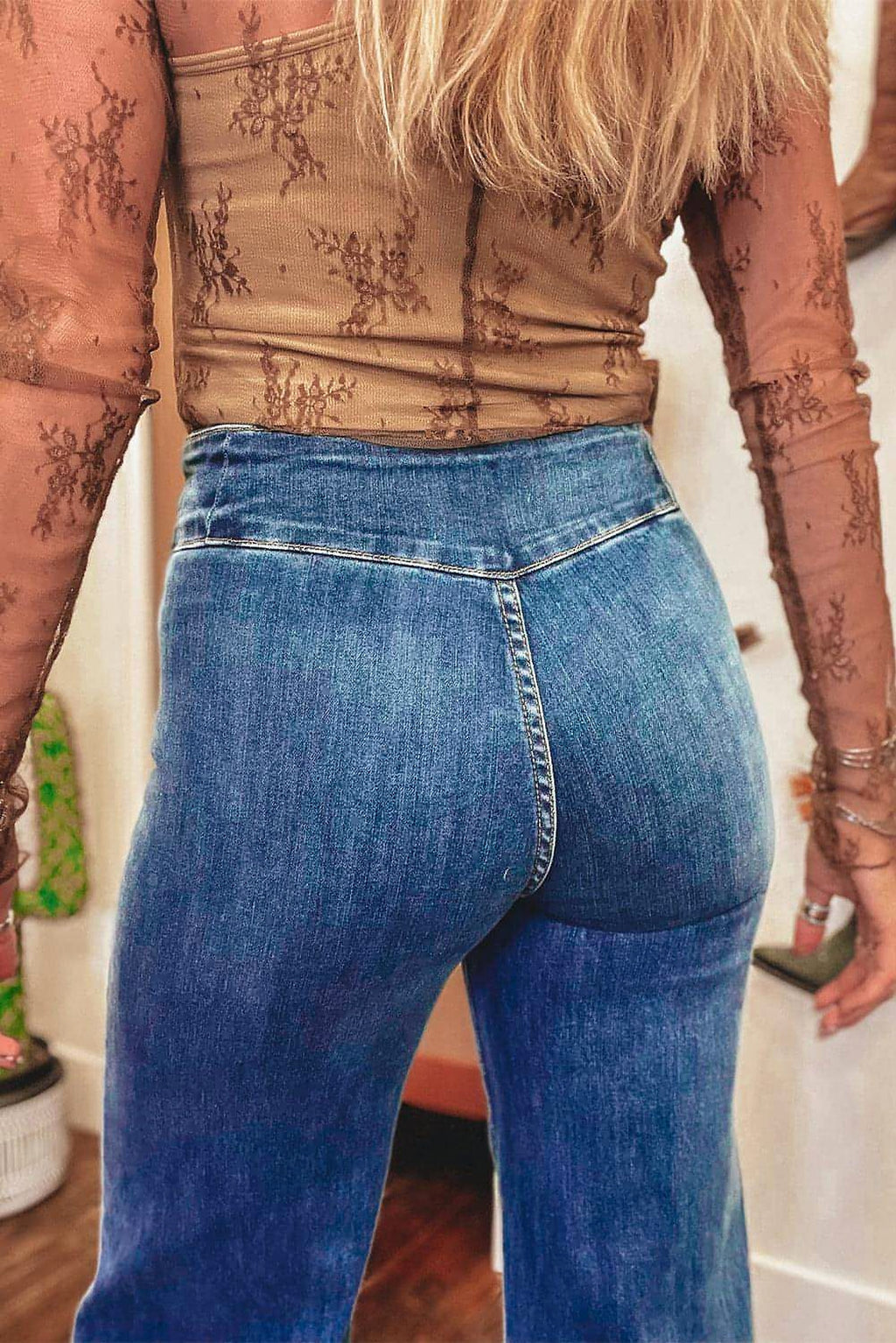 Sail Blue High Waist Button Fly Seamed Raw Hem Flare Jeans - enhanced image 5