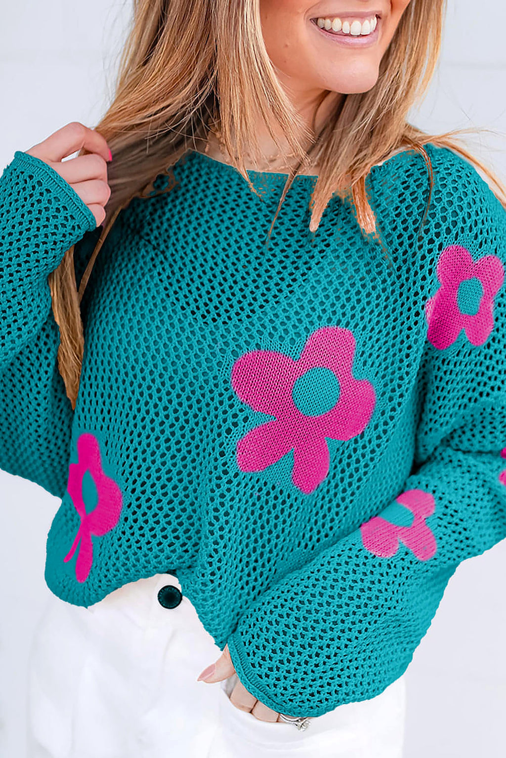 Sea Green Big Flower Hollowed Knit Drop Shoulder Sweater - enhanced image 5