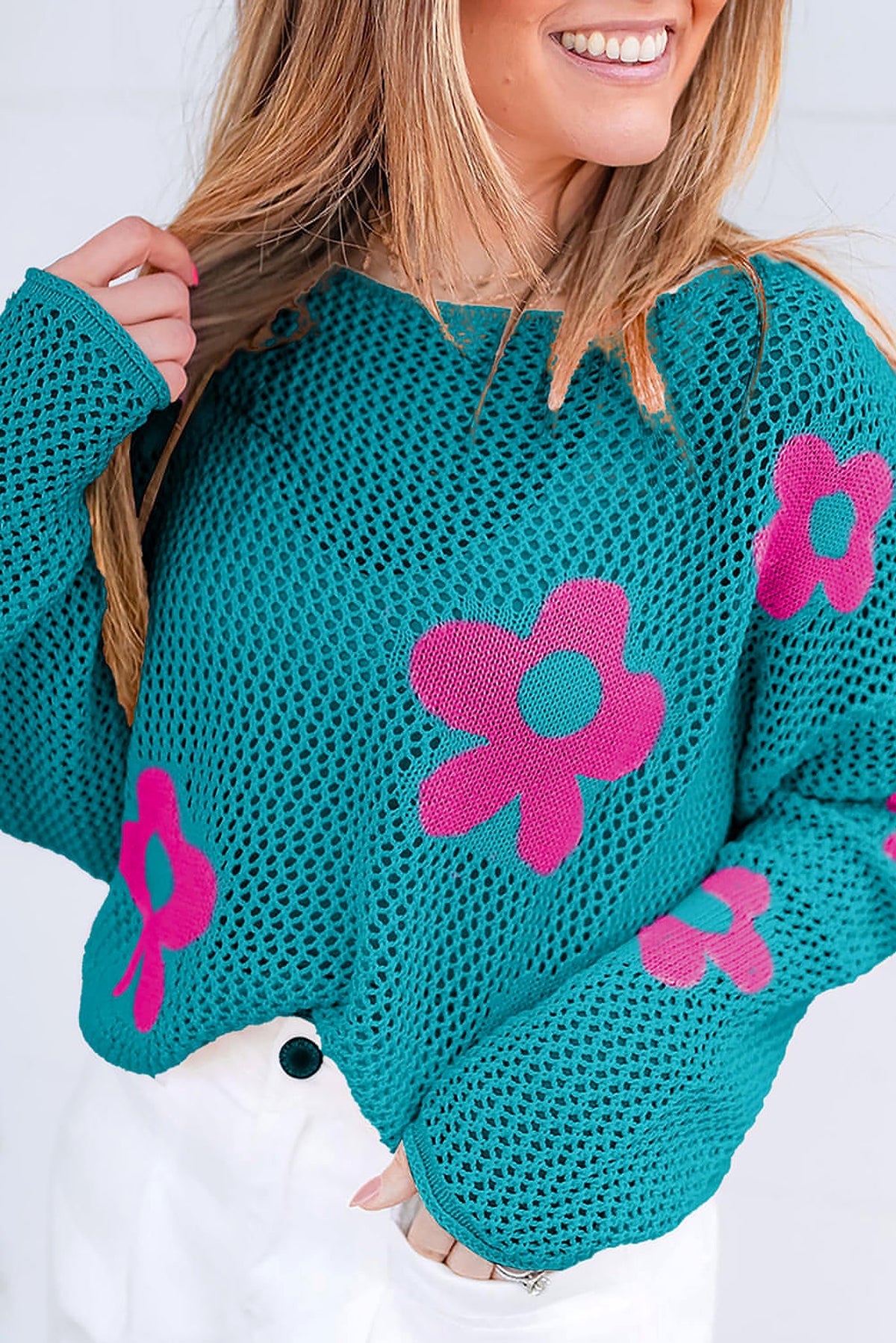 Sea Green Big Flower Hollowed Knit Drop Shoulder Sweater - enhanced image 5
