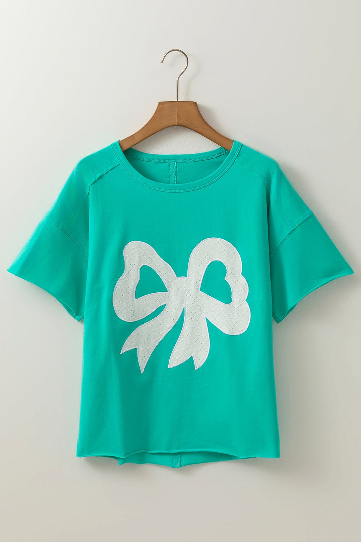 Sea Green Lace Bow Raw Edge Drop Shoulder Casual T Shirt - enhanced image 5