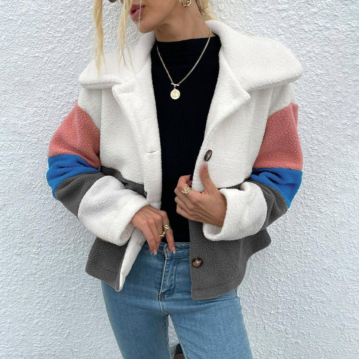 Shiny Color Block Button Down Collared Jacket - enhanced image 5