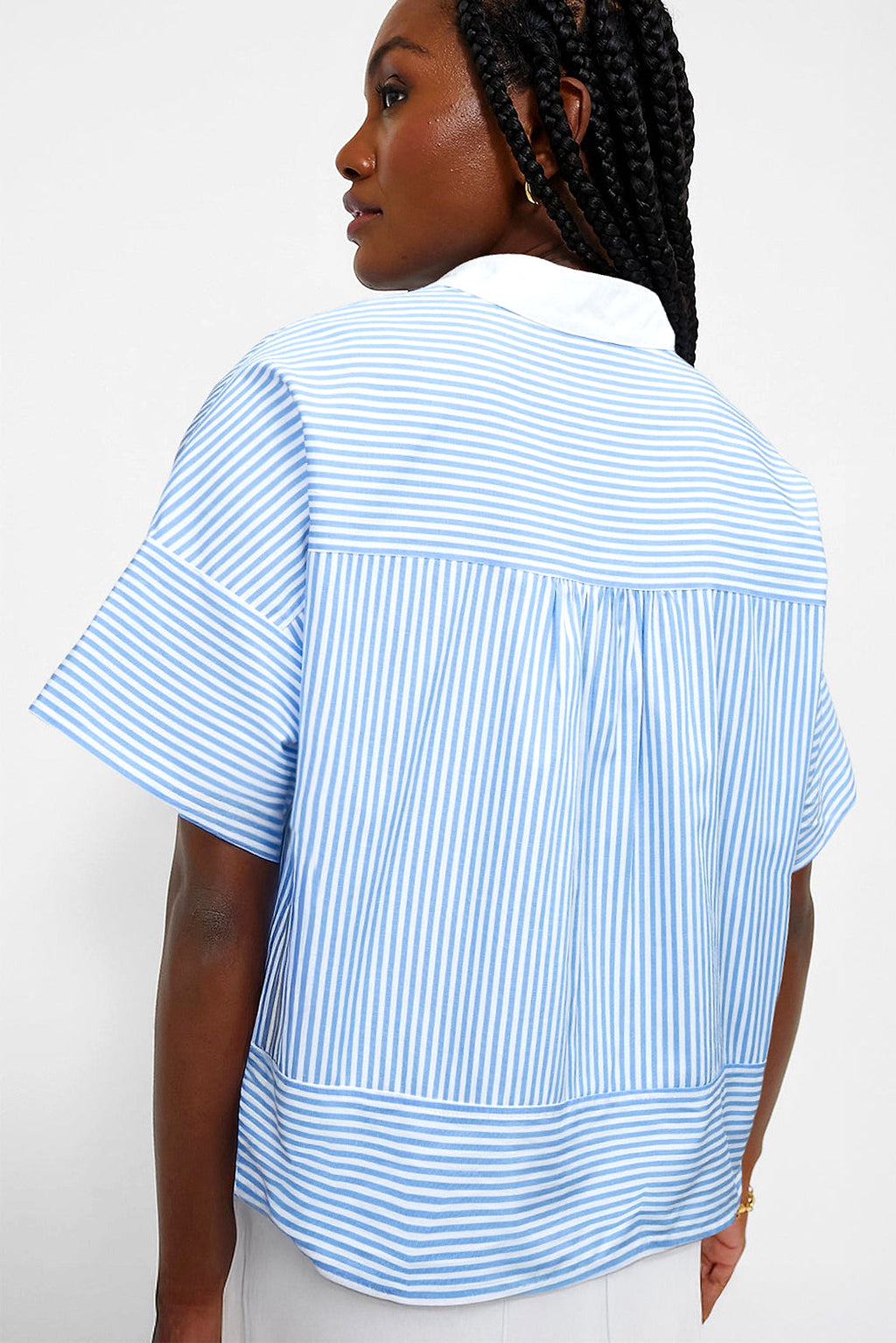Sky Blue Stripe Contrast Collar Patchwork Hidden Button Short Sleeve Summer Shirt - enhanced image 5