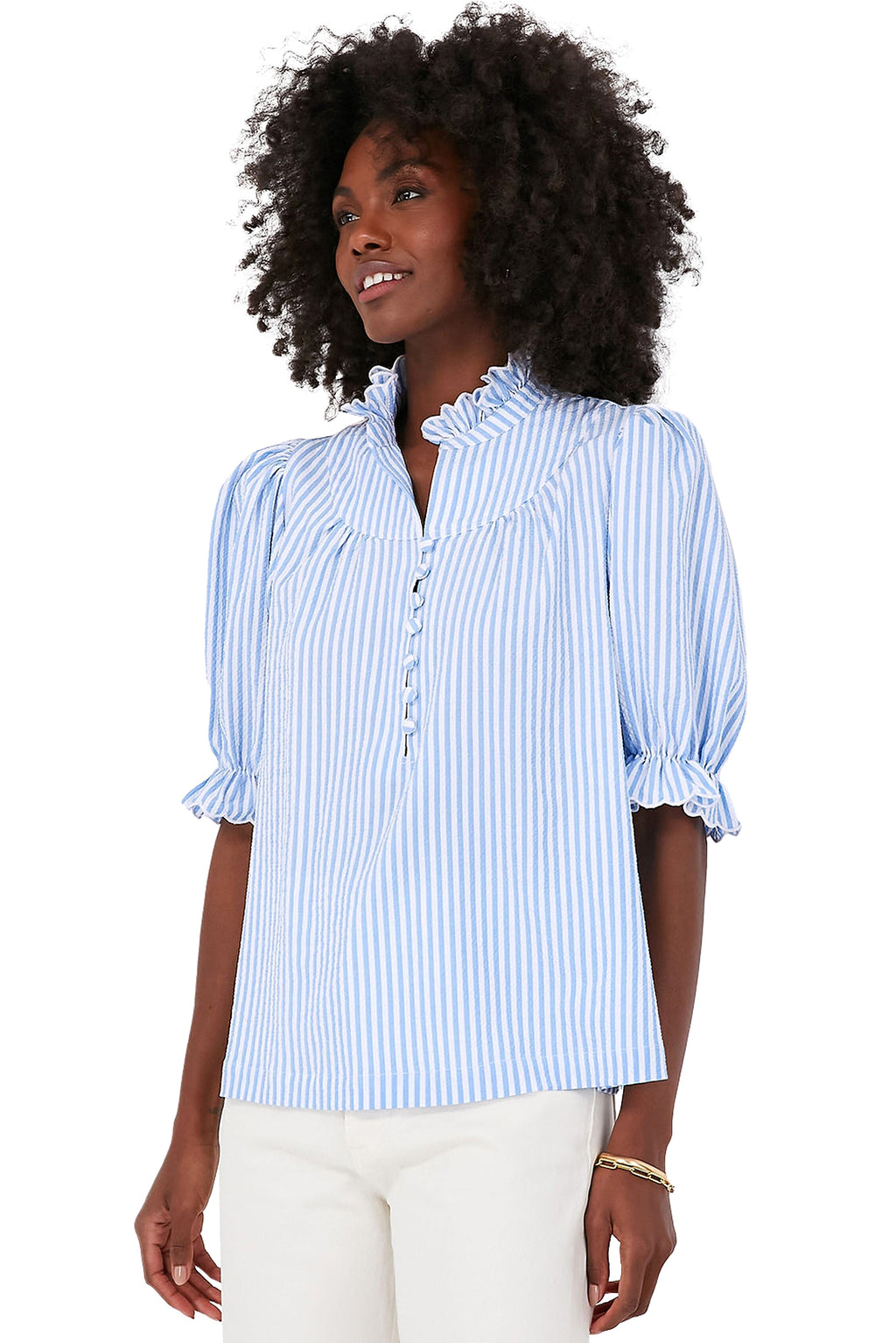 Sky Blue Stripe Ruffled Collar Puff Sleeve Half Buttons Blouse - enhanced image 5