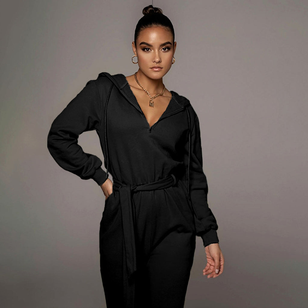 Slim-fit Long Sleeve Solid Color Hooded Half-open Collar Urban Leisure Women's Jumpsuit - enhanced image 5