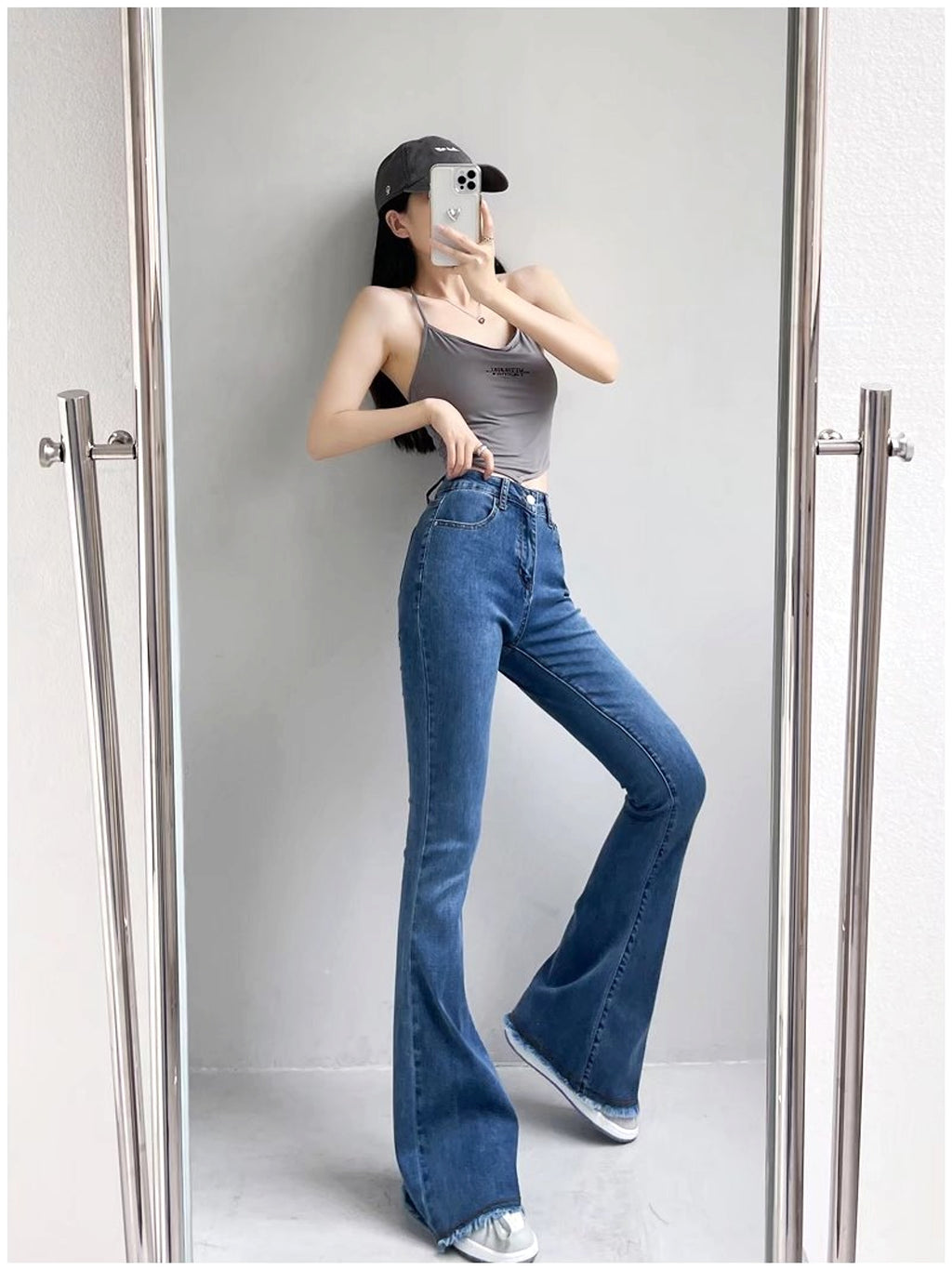 Small High Waist Raw Hem Jeans Retro Women - enhanced image 5