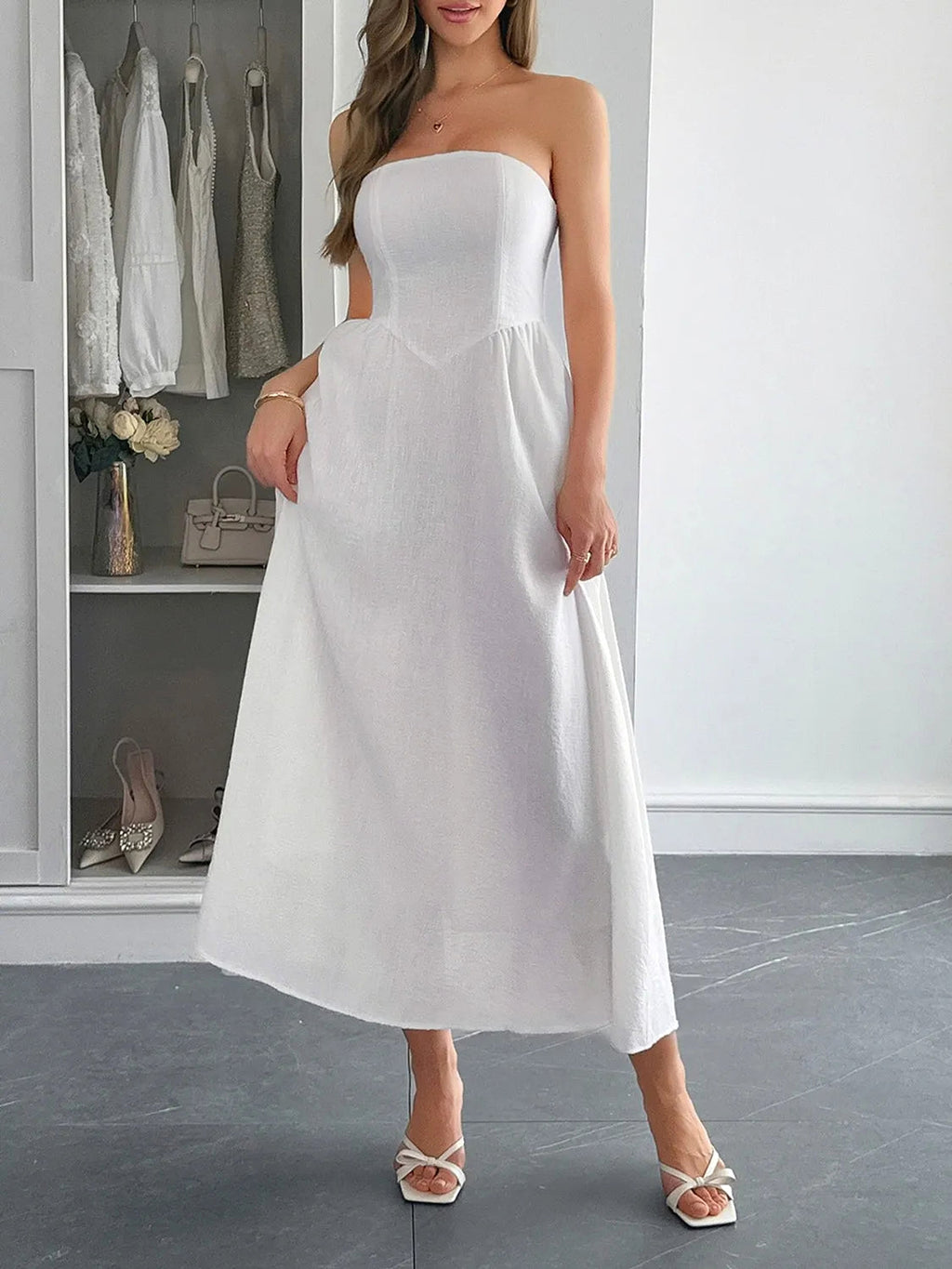 Strapless A-Line Midi Dress with Pockets - enhanced image 5