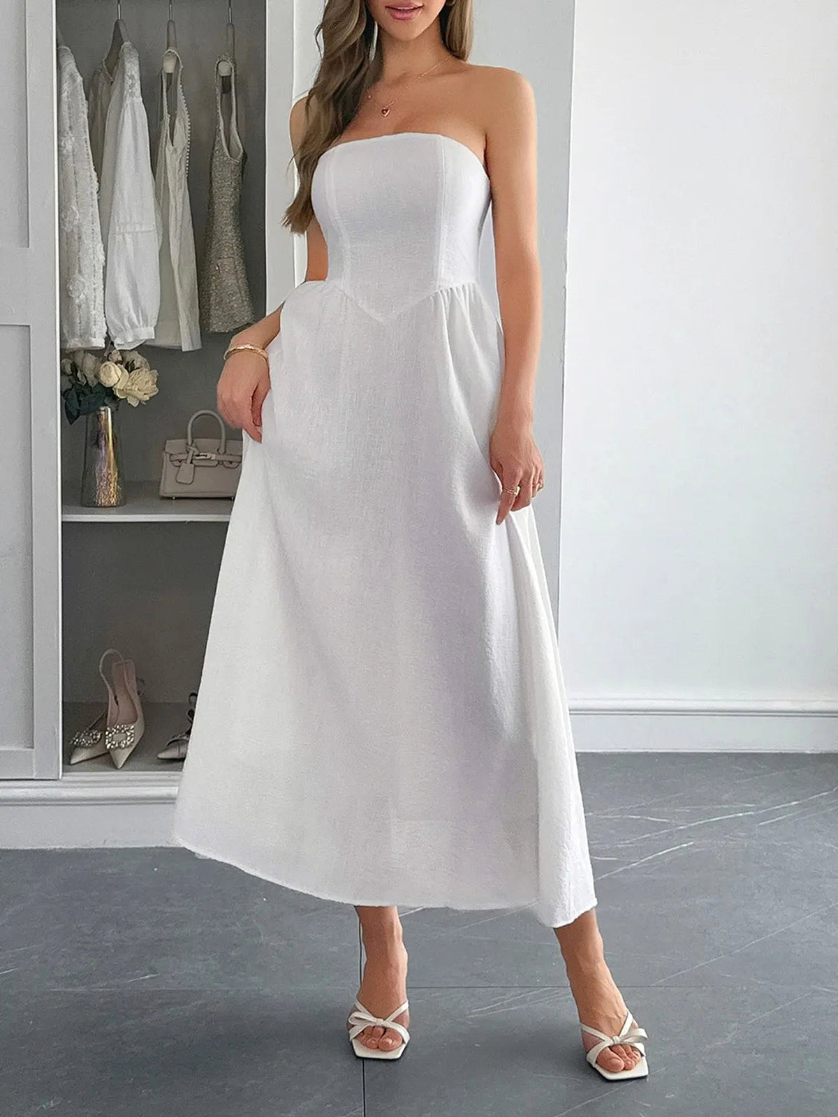 Strapless A-Line Midi Dress with Pockets - enhanced image 5