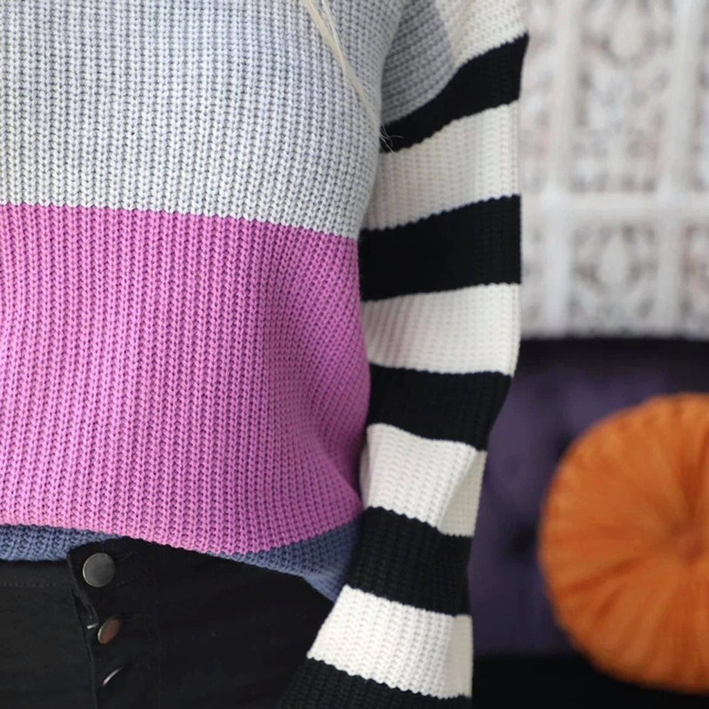 Striped Round Neck Long Sleeve Hit Color Casual Loose Sweater - enhanced image 5